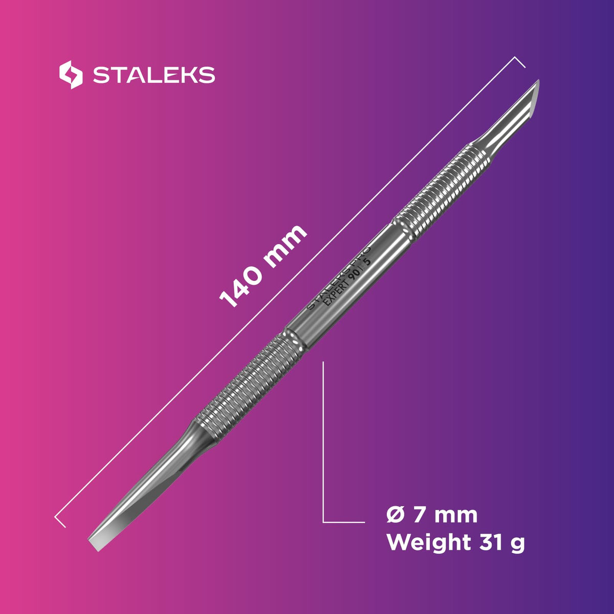 STALEKS PRO Empujador De Cutículas Profesional Staleks Manicure Pusher Expert 90 Tipo 5 – Acero Inoxidable (Empujador Biselado Y Recto)