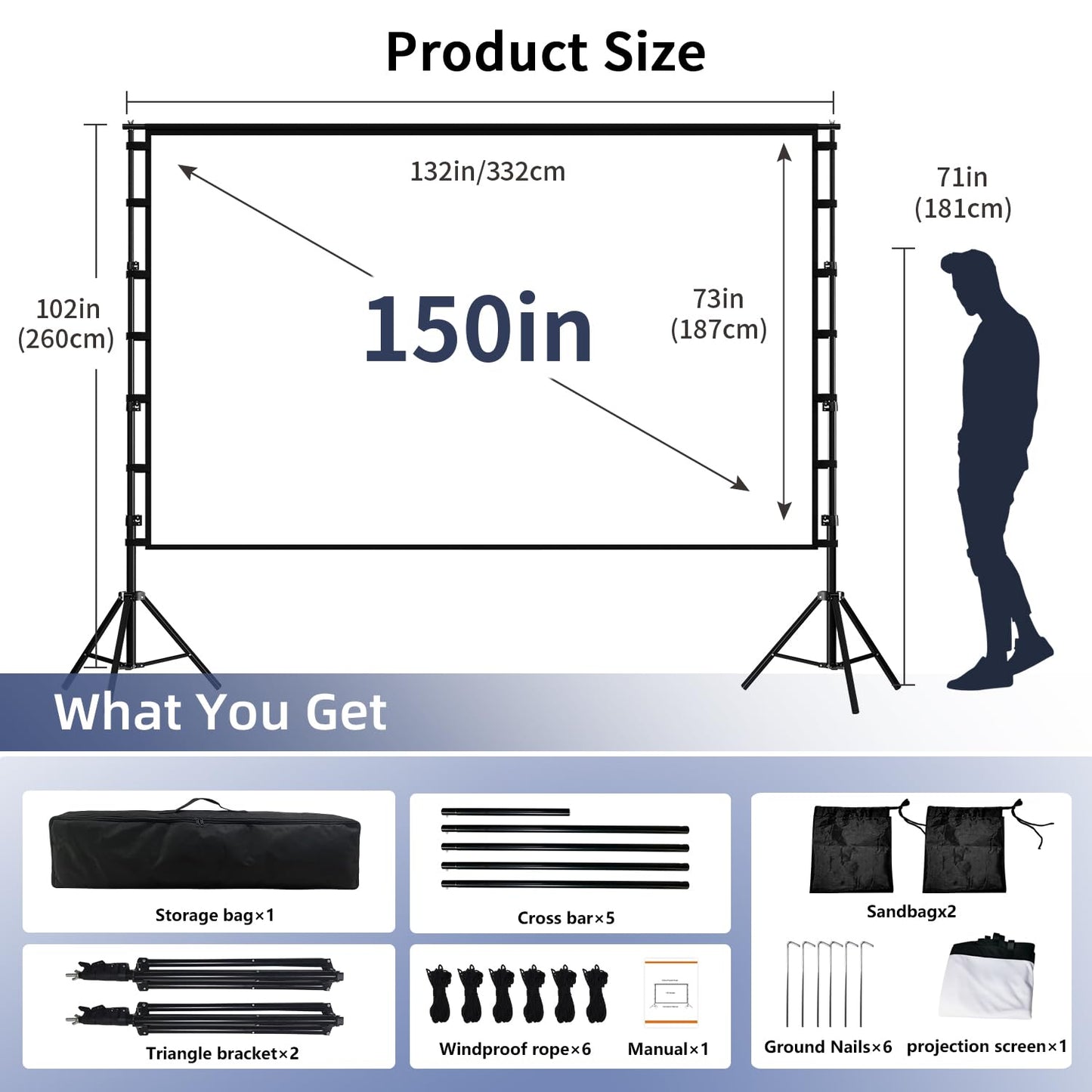 Wootfairy - visualización de proyección portátil y plegable de 150 pulgadas, visualización de proyección 4K HD 16:9, parte trasera frontal sin arrugas, con bolsa de transporte, para interiores y