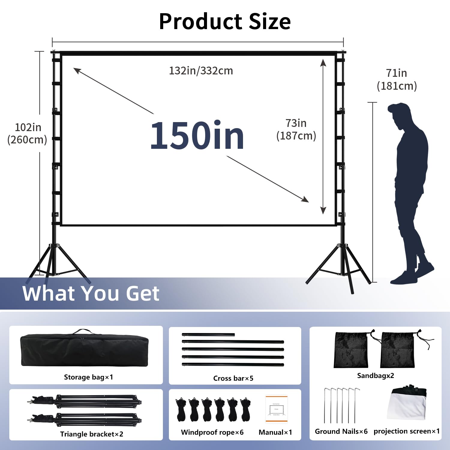 Wootfairy - visualización de proyección portátil y plegable de 150 pulgadas, visualización de proyección 4K HD 16:9, parte trasera frontal sin arrugas, con bolsa de transporte, para interiores y