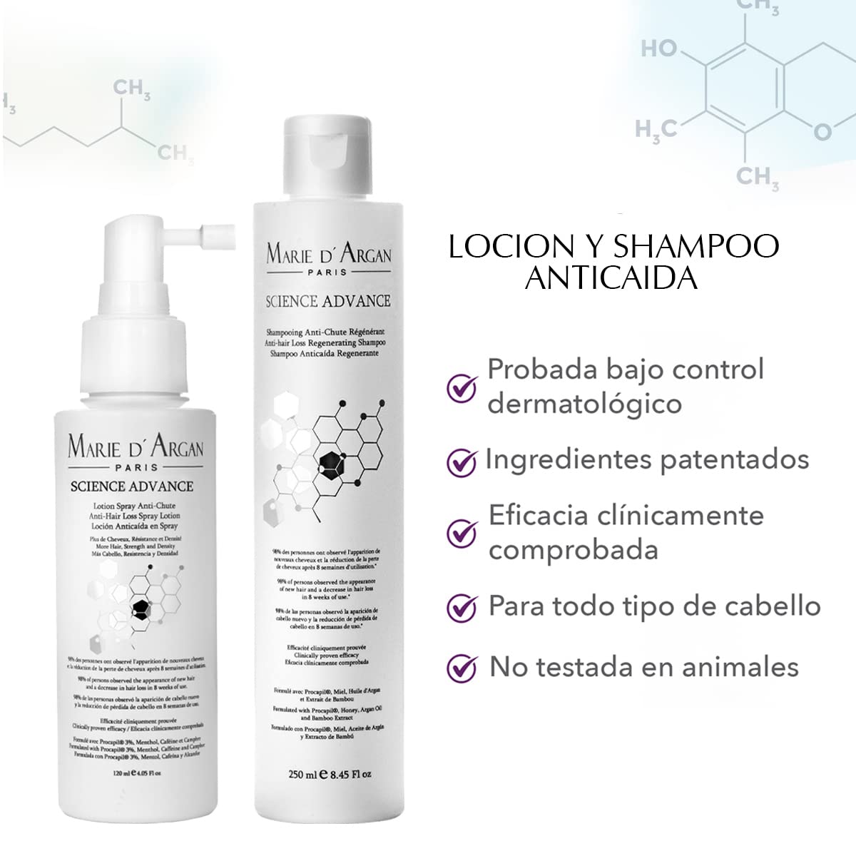 Kit Shampoo y Loción Anticaída Marie d’Argan Blanco con Procapil y Argán para Fortalecer y Nutrir el Cabello