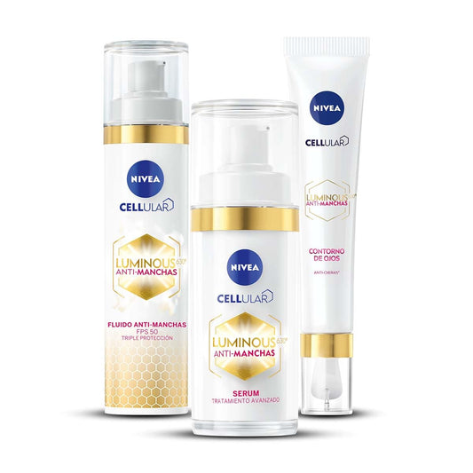 NIVEA Kit Anti-manchas Rutina Facial Luminous 630 (3 piezas), Enriquecida con Ácido Hialurónico Serum facial + Fluido facial con Vitamina E y FPS50 + Contorno de Ojos Anti-ojeras