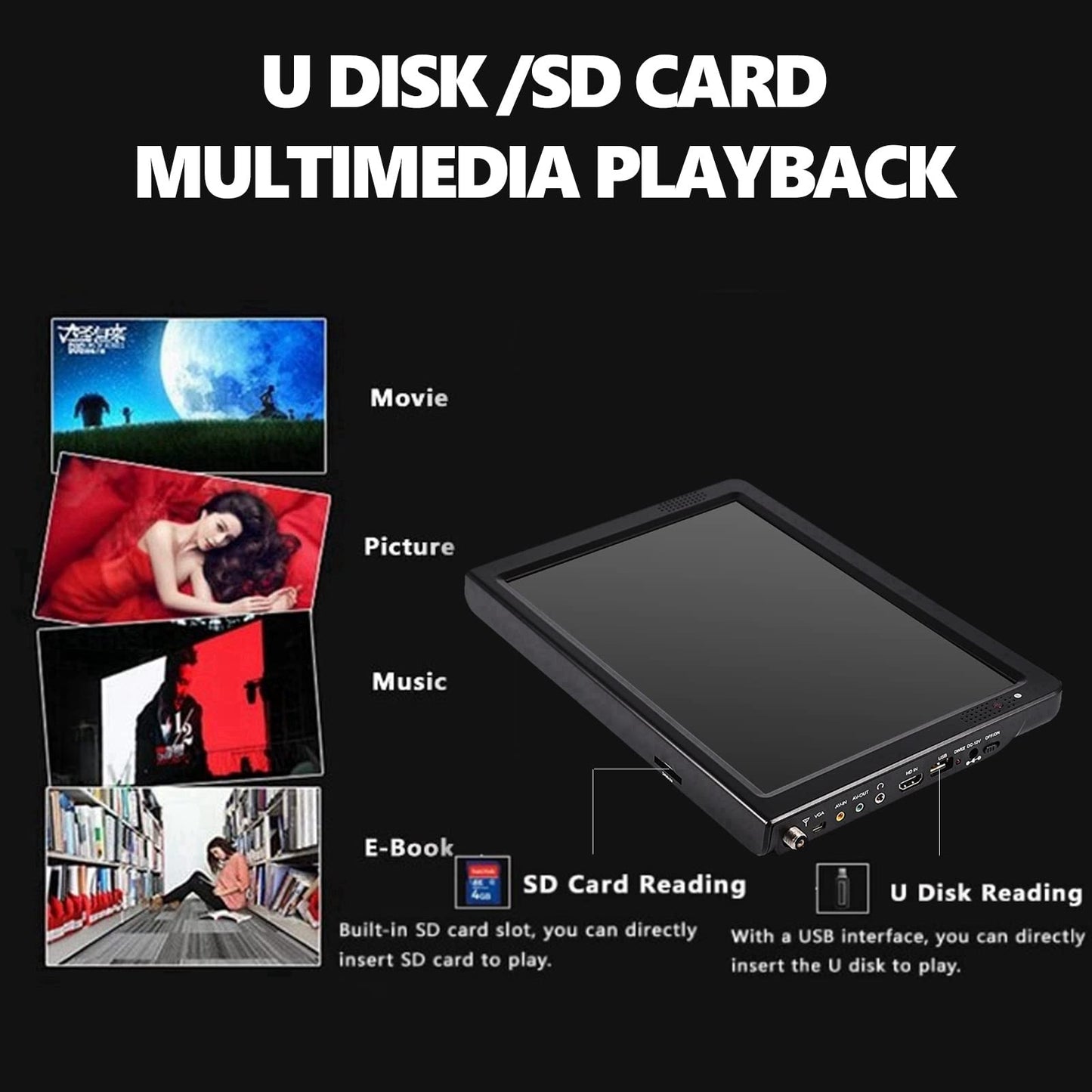 Televisor Portátil Digital ATSC LED 1080P Alta Definición Compatible u Disco Tarjeta Memoria Ideal para Viajes al Aire Libre en Vehículos Domésticos