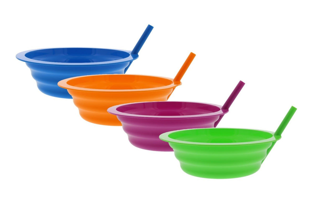 Arrow Sip-A-Bowl Set de 4 unidades, pajita integrada – 22 onzas reutilizables para evitar derrames líquidos: leche de cereales, helado – hace que el desayuno/aperitivo sea fácil, apto para lavaplatos, azul, rosa, verde y naranja