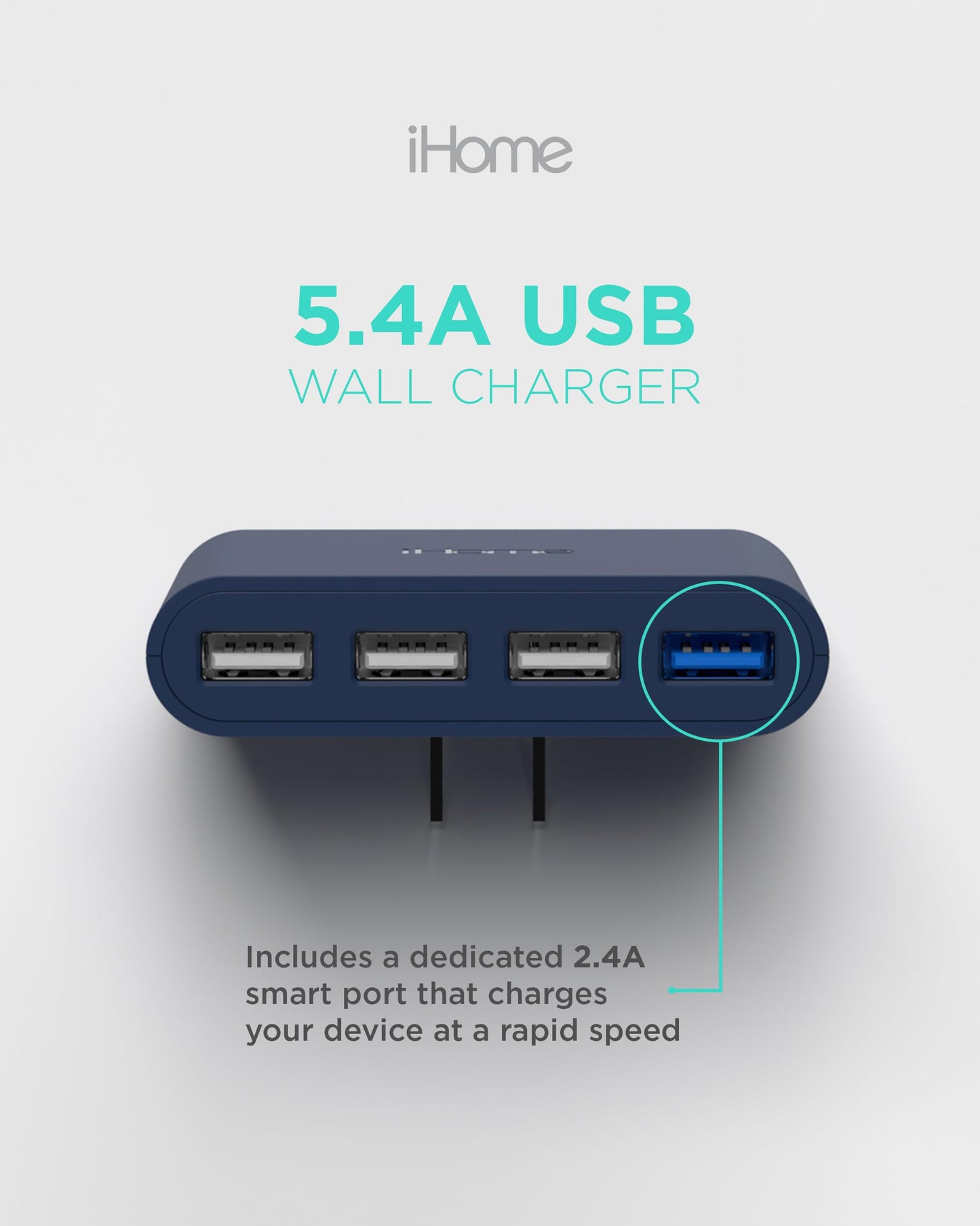 Cargador de Pared USB Slim iHome: Cargador USB Multipuerto AC Pro, Adaptador de Enchufe USB y Bloque de Carga para Teléfono, 4 Enchufes USB para Tomacorriente de Pared