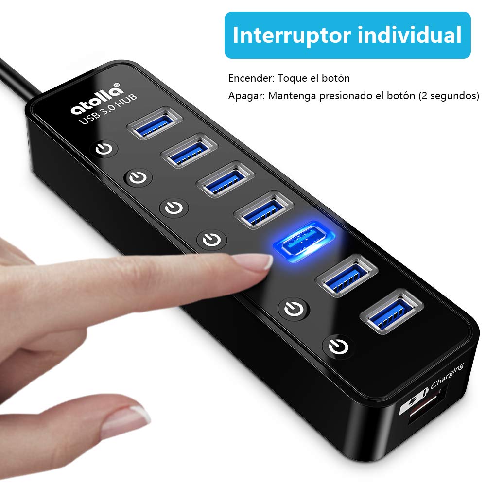 atolla Hub USB 3.0, 7 Puertos Multi USB 3.0 Hub con Interruptor Independiente + 1 Puerto de Carga USB y 5V / 4A Adaptador de Corriente Extension USB para MacBook, Mac Pro/Mini y más