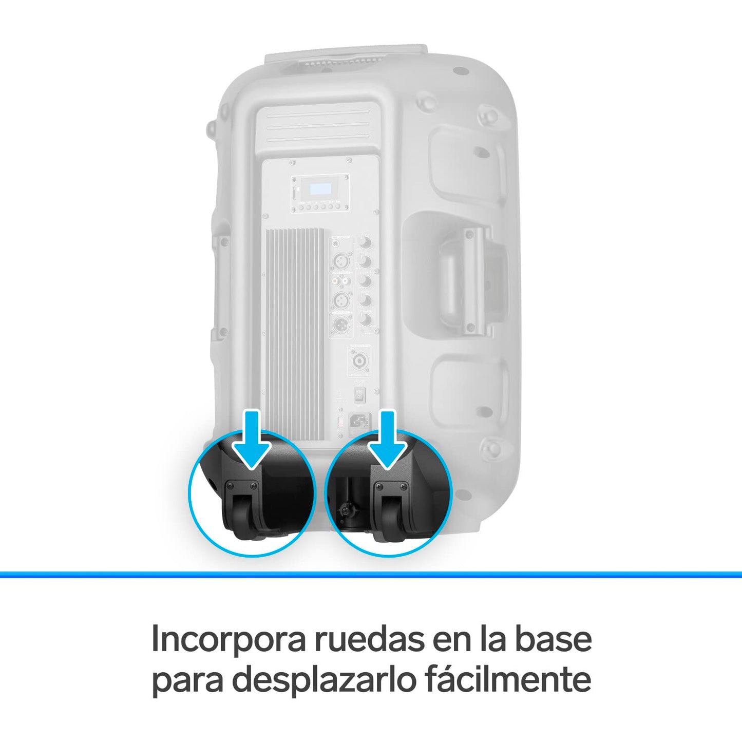 STEREN BAF-1555BT Bafle 15" 3000 W PMPO Bluetooth woofer y Tweeter, MP3 por microSD o USB, Entrada AUX RCA, 6,3 mm para Mic, Crossover, Salida Speakon, Ruedas y agarraderas, Orificio para Pedestal