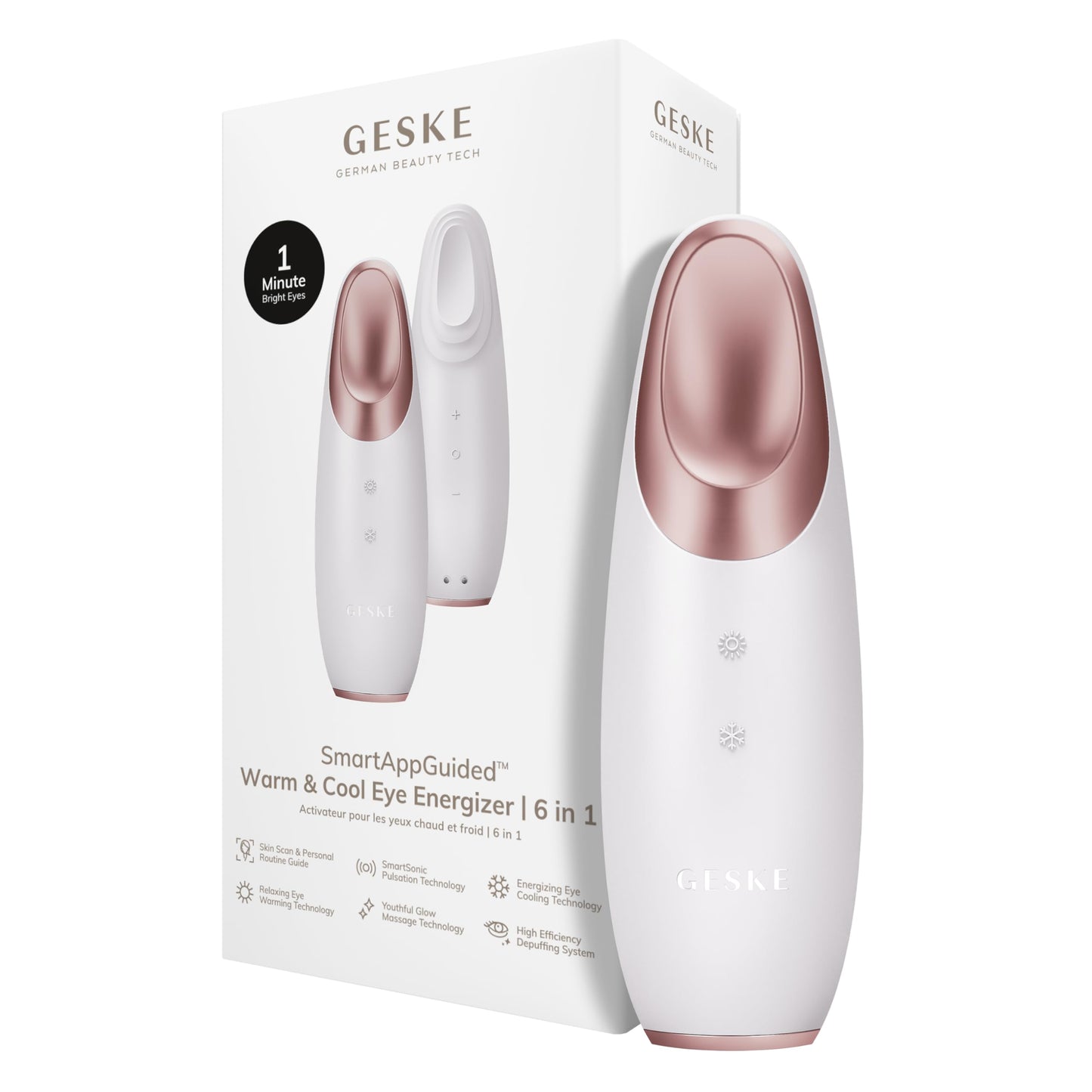 GESKE | SmartAppGuided™ Warm & Cool Eye Energizer | 6 en 1 | Masajeador de ojos | Masajeador anti ojeras | Eliminar bolsas y párpados caídos | Masaje ocular eléctrico