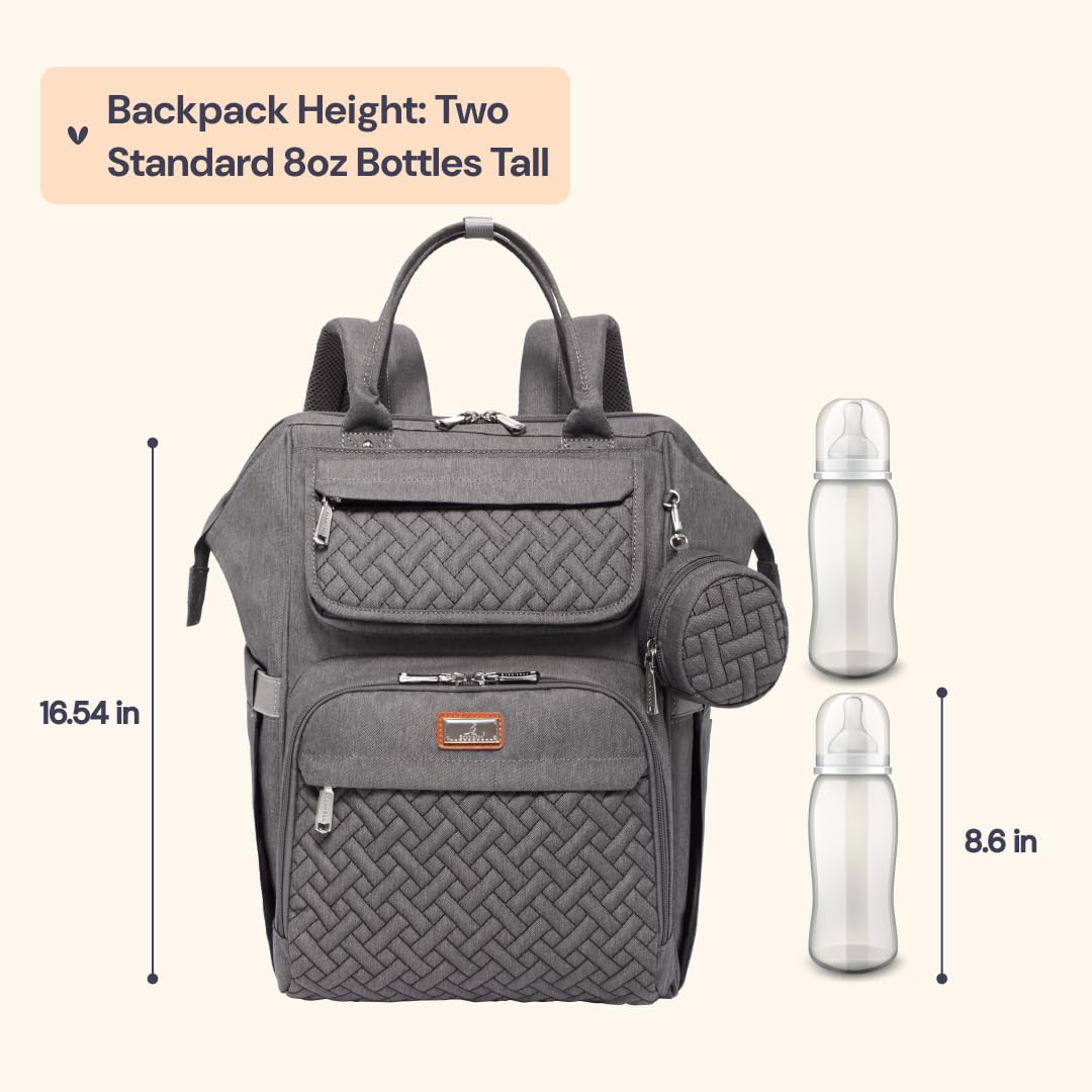 BabbleRoo Mochila para pañales, bolsas grandes multifunción con cambiador, correas de carriola y funda para chupete, unisex, elegante, bolsa para cambiar pañales para mamás y papás (gris oscuro)