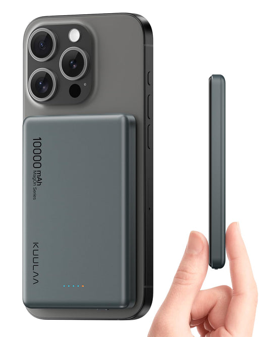 KuuLaa Power Bank 10000mAh Delgado con Pantalla Digital, Batería Portátil Magnética PD20W USB-C, Carga Rápida para iPhone 12-16/Samsung (Gris)