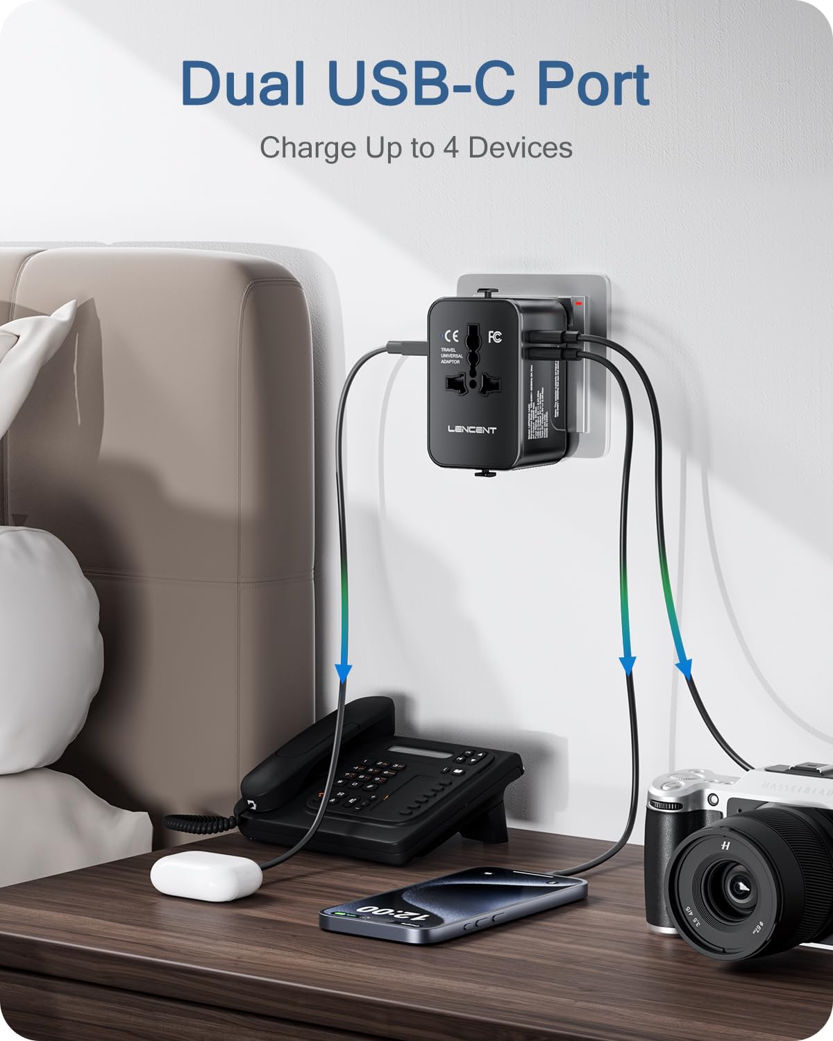 LENCENT Adaptador Universal de Viaje, Cargador Internacional con 1 USB-A y 2 USB-C, Todo en Uno Adaptador Internacional con Enchufe Tipo A/C/G/I, Ideal para USA/UE/UK/Australia/Argentina/Brasil/China