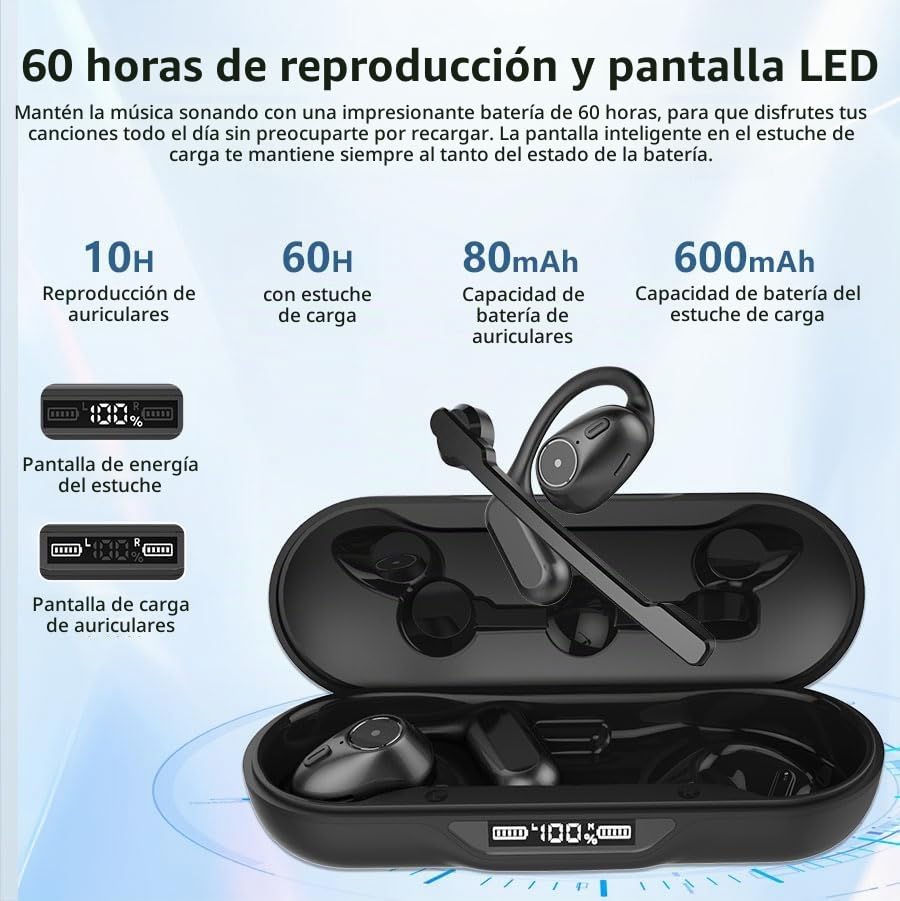 Audífonos Xuuly Abiertos Oído con Ganchos Bluetooth 5.4 con Micrófono Desmontable y Cancelación Ruido Inalámbricos con Estuche de Carga
