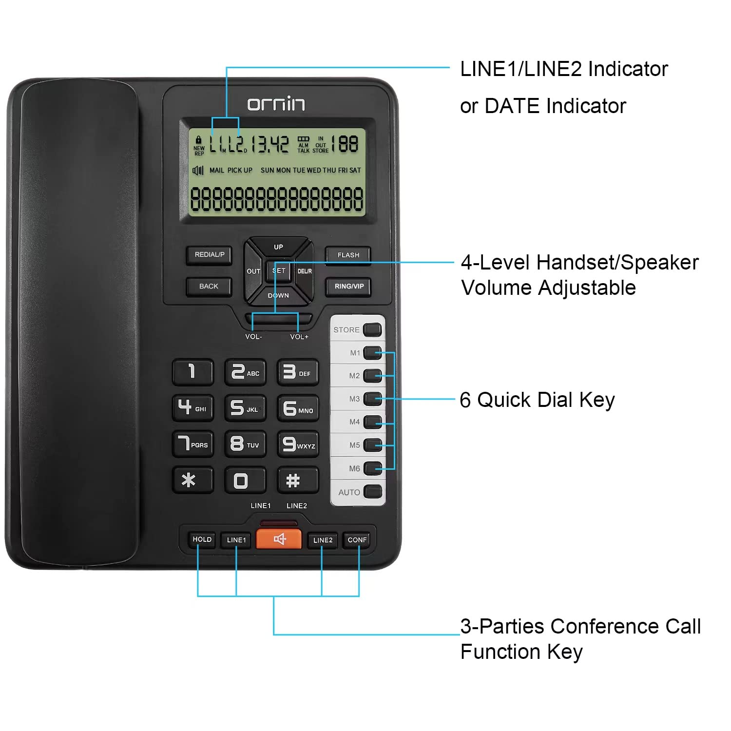 Sistemas de teléfono fijo de 2 líneas Ornin para pequeñas empresas y hogar, solo teléfono de escritorio (negro)