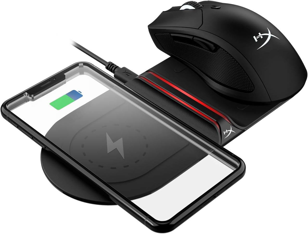 HyperX Chargeplay Base – Cargador inalámbrico Qi, certificado Qi, almohadillas para orejas de carga inalámbricas duales, carga hasta dos dispositivos, indicadores de batería, adaptador de pared de CA,