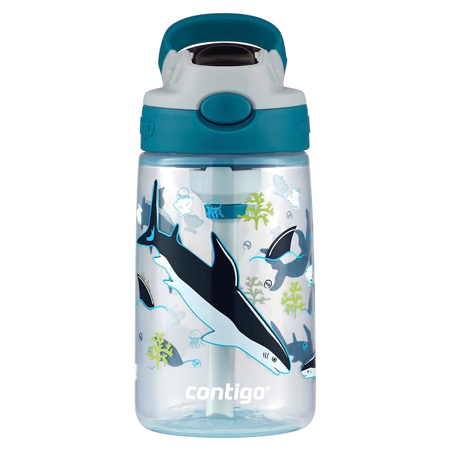 Contigo Botella de agua para niños con pajita autospout rediseñada, 14 onzas, tiburón