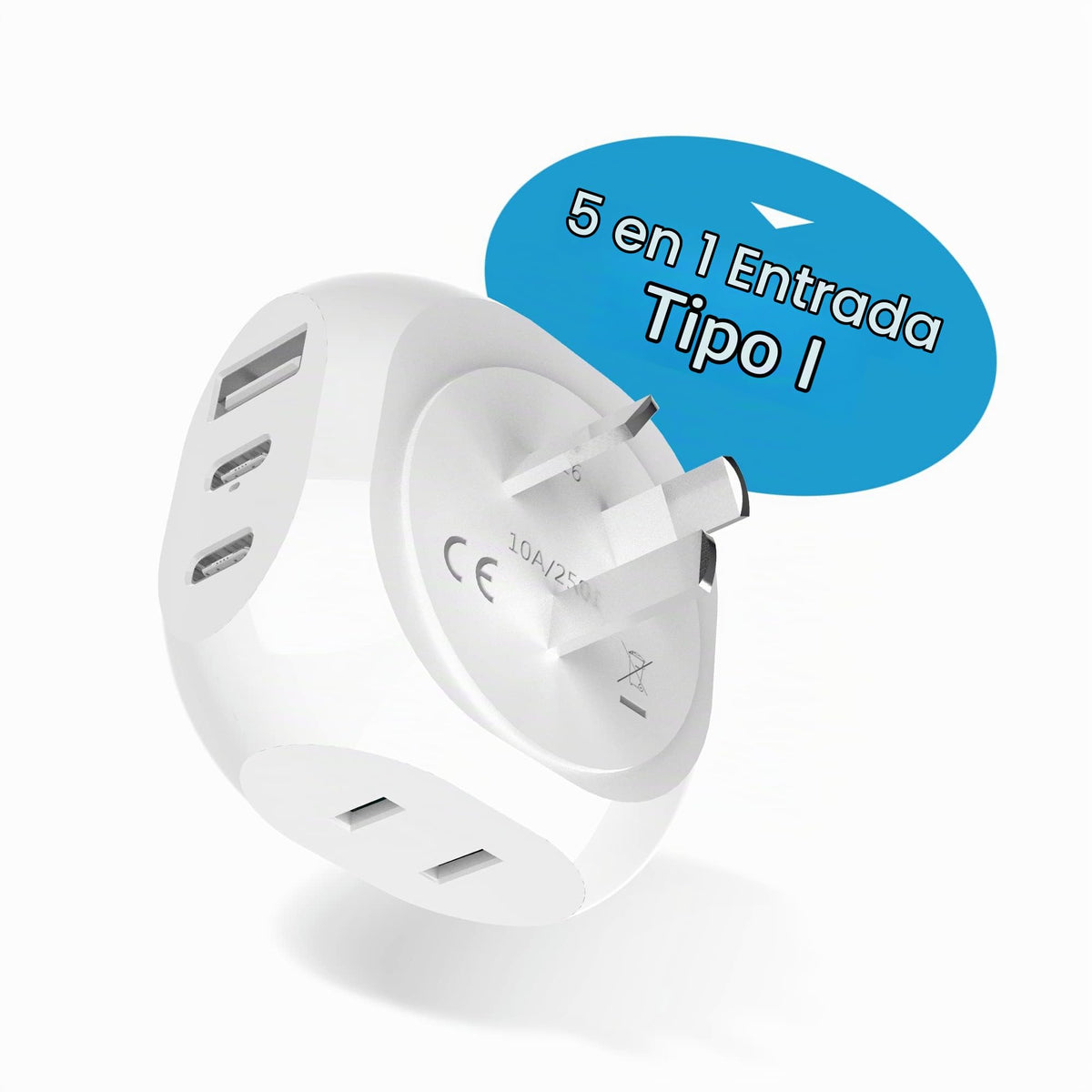 Adaptador De Viaje Ceptics Azul | 5 Entradas Con 20W PD-QC 3.1A Dual USB-C Y USB | Ultracompacto Y Ligero Para Australia Y China