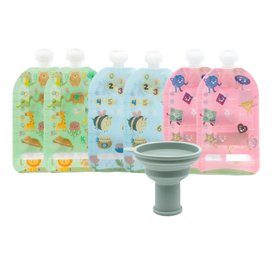 WeeSprout Bolsas reutilizables de doble cierre, perfectas para bebés y niños, aptas para congelador y lavaplatos (Educacional, 7 onzas líquidas (paquete de 6) + relleno de bolsa)