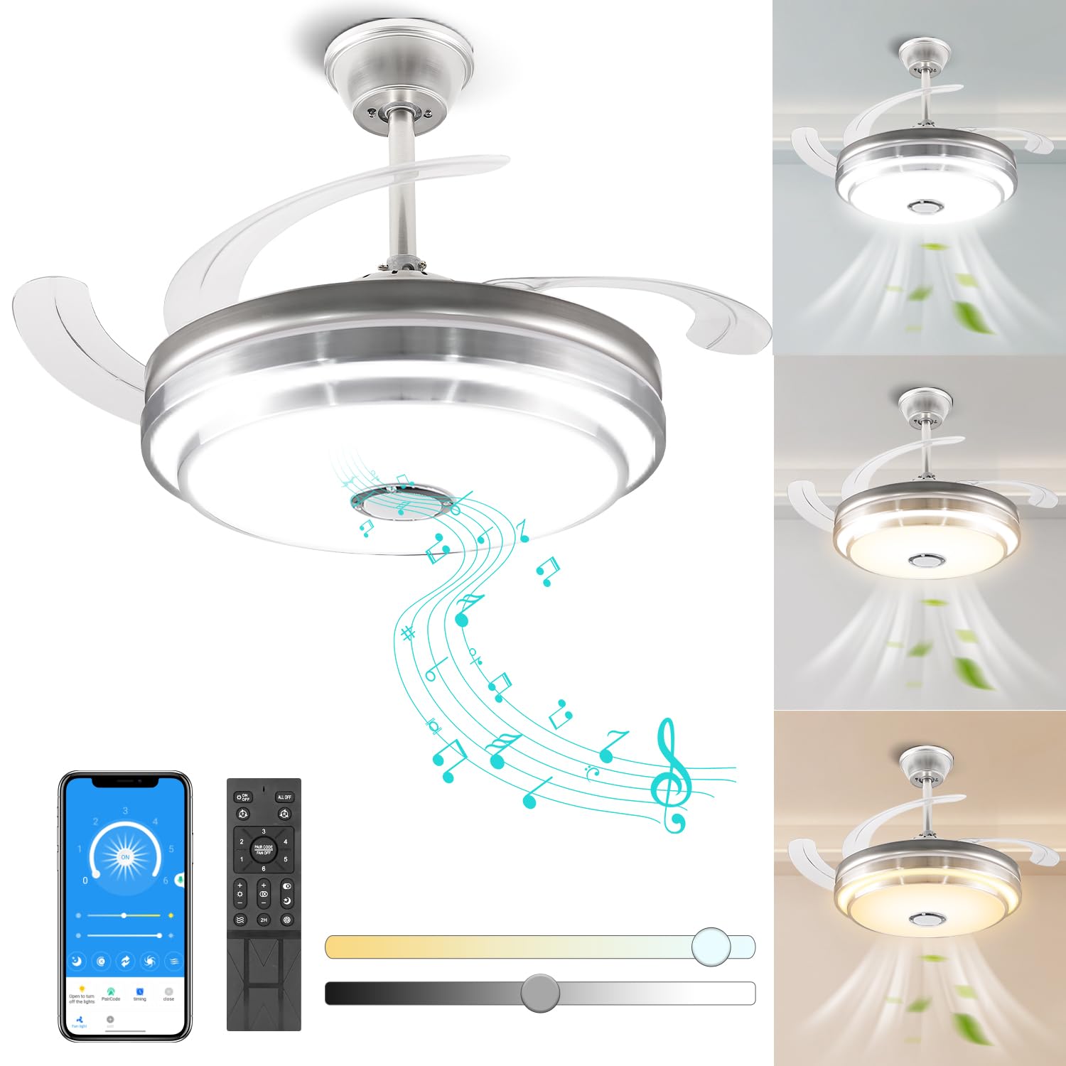 CANMEIJIA Ventilador de Techo con Luz y Control Remoto&App,Abanico de Techo con Luz Modernos 80W,Lampara de Techo con Ventilador Música Bluetooth Altavoz Velocidad del Viento/Brillo Ajustables,Ø48CM