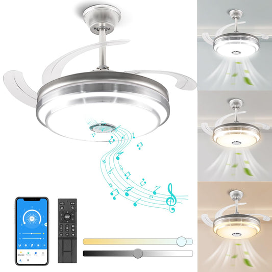 CANMEIJIA Ventilador de Techo con Luz y Control Remoto&App,Abanico de Techo con Luz Modernos 80W,Lampara de Techo con Ventilador Música Bluetooth Altavoz Velocidad del Viento/Brillo Ajustables,Ø48CM