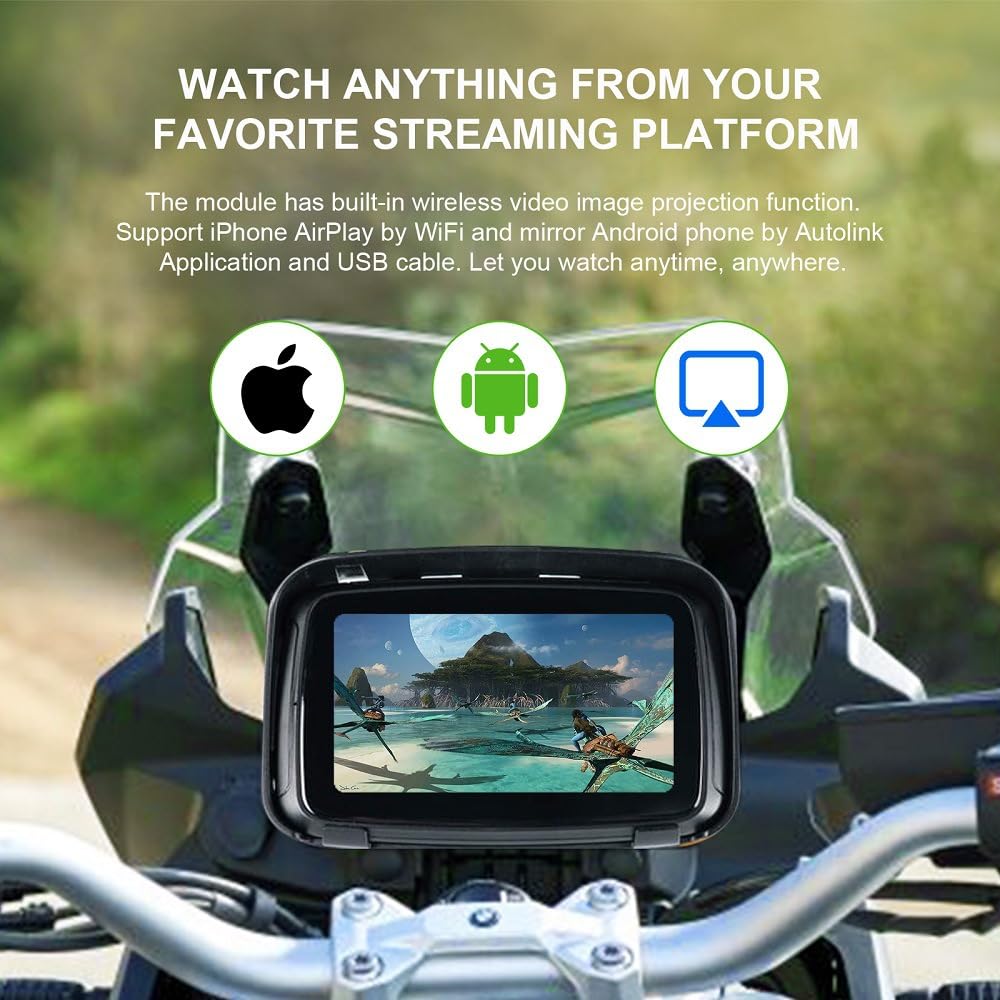 Sunweyer CarPlay portátil inalámbrico Android Auto para motocicleta, pantalla táctil impermeable IPX7 de 12.7 cm (5 pulgadas), navegación GPS automática, Bluetooth dual 5G, compatible con Siri/Google