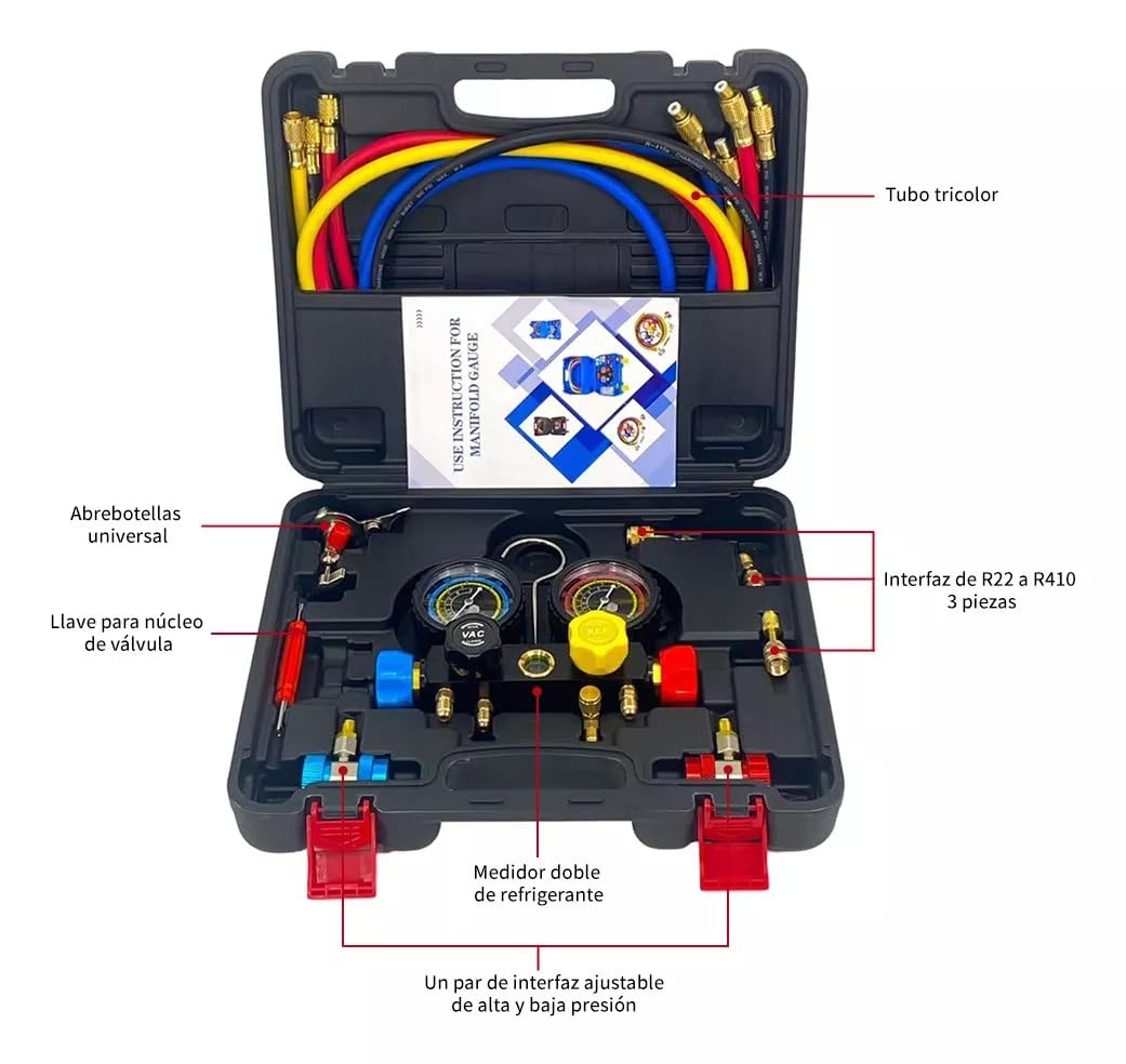 FIXITFAST 4cfm 1/3hp Bomba De Vacío + Manómetro R134a/r22/r410a/r404a Para refrigeración hvac carga y mantenimiento, sin aceite,juego de manómetros de colector de 4 vías