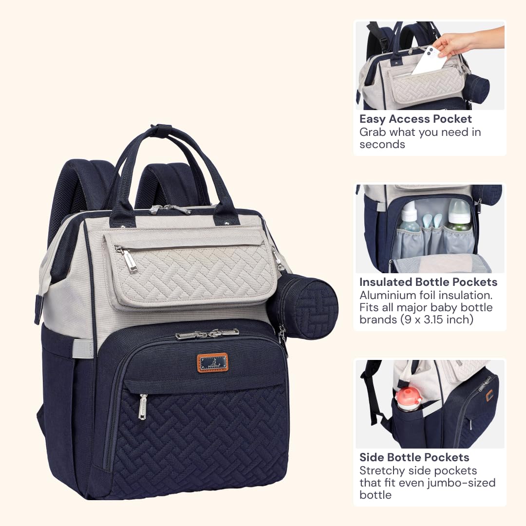 BabbleRoo - Mochila para pañales, bolsas grandes multifunción con cambiador y correas para carriola, estuche para chupete, unisex, elegante, mochila de viaje para mamás, papás (gris piedra)
