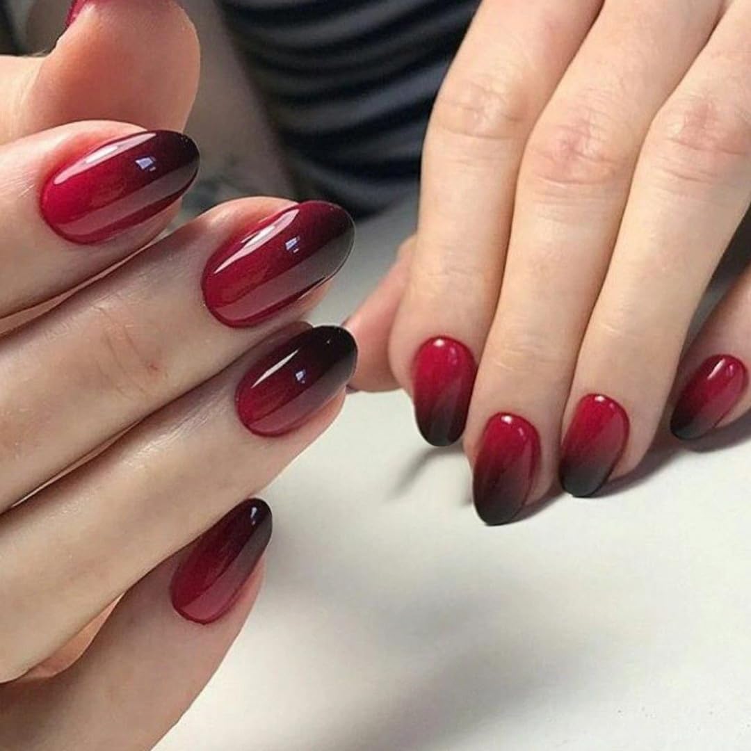SXVME Uñas postizas francesas rojas y negras, cortas, ovaladas y redondas, con pegamento, uñas postizas cortas con degradado, uñas postizas acrílicas hechas a mano de gel, uñas de almendra natural par