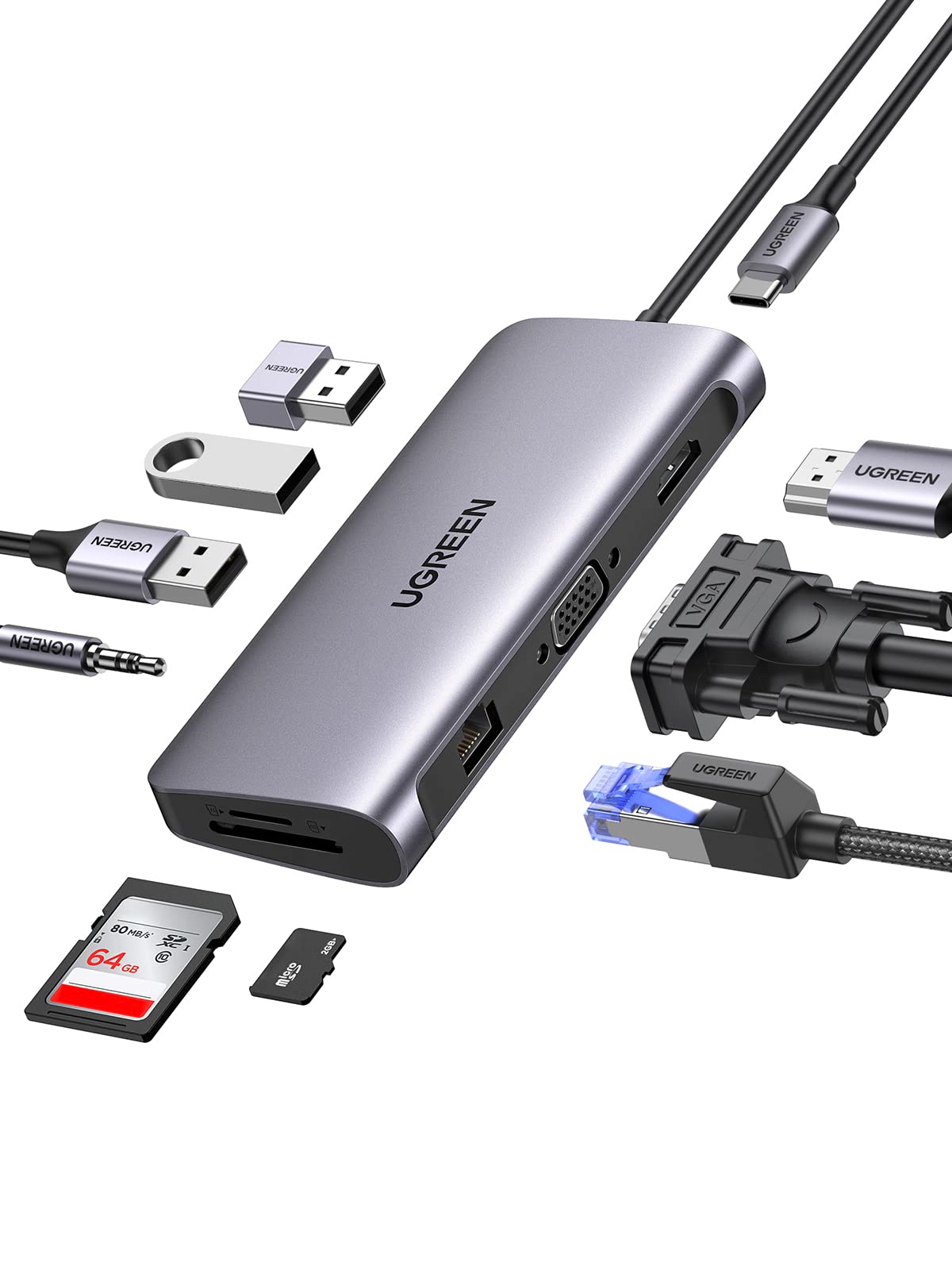 Hub USB C UGREEN Plateado 10 en 1 con HDMI 4K, Ethernet Gigabit, VGA y Carga 100W para Macbook e iPad