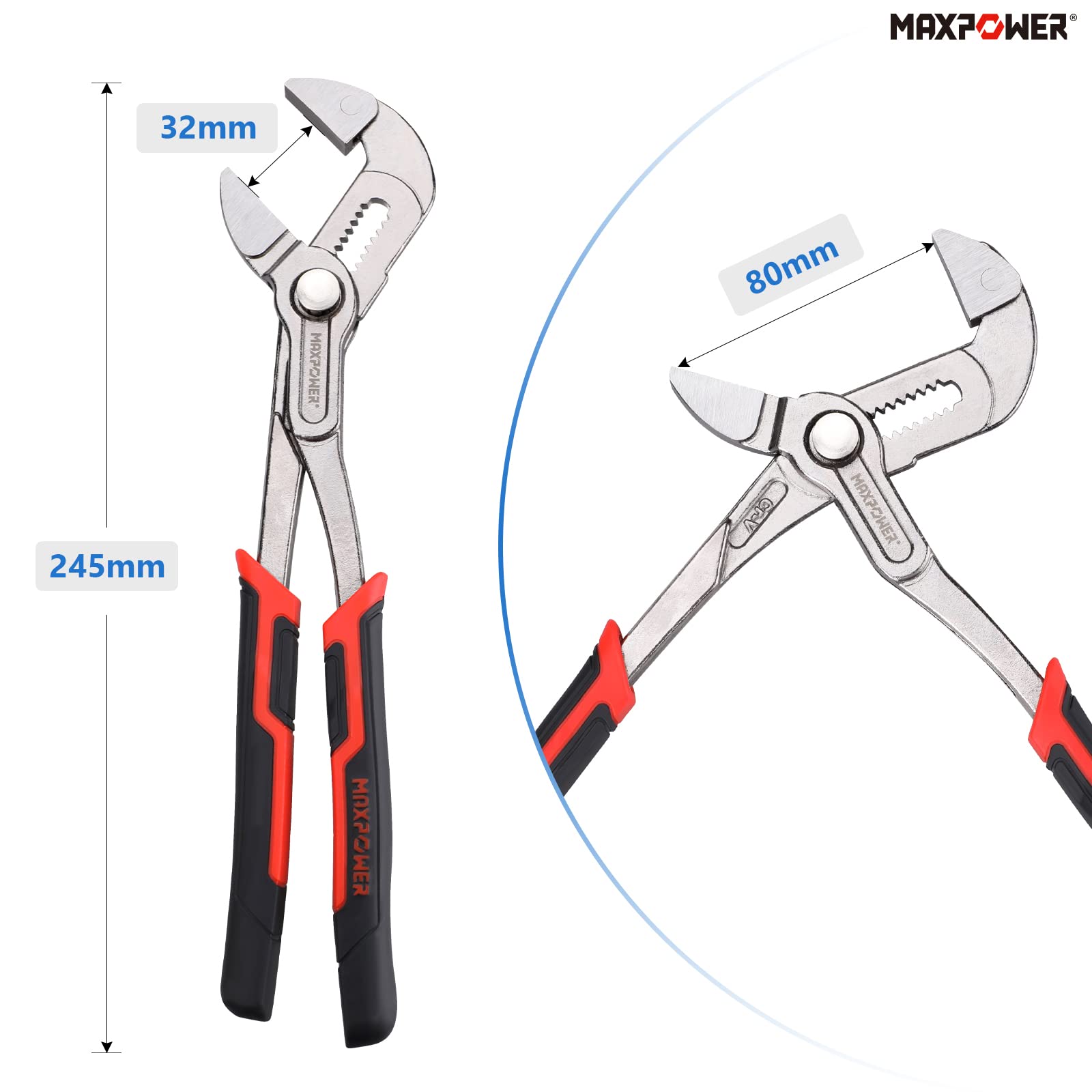 MAXPOWER - Alicates para bomba de agua de 10 pulgadas, botón de ajuste rápido, apertura máxima de mandíbula de 32 mm, alicates para reparación del hogar, tuberías y accesorios