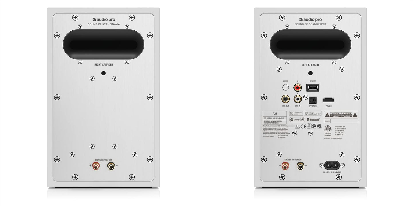 Audio Pro Altavoces inalámbricos A28 | WiFi, Bluetooth 4.2, estéreo de Entretenimiento en el hogar multihabitación | Compatible con AirPlay 2, Spotify | Blanco