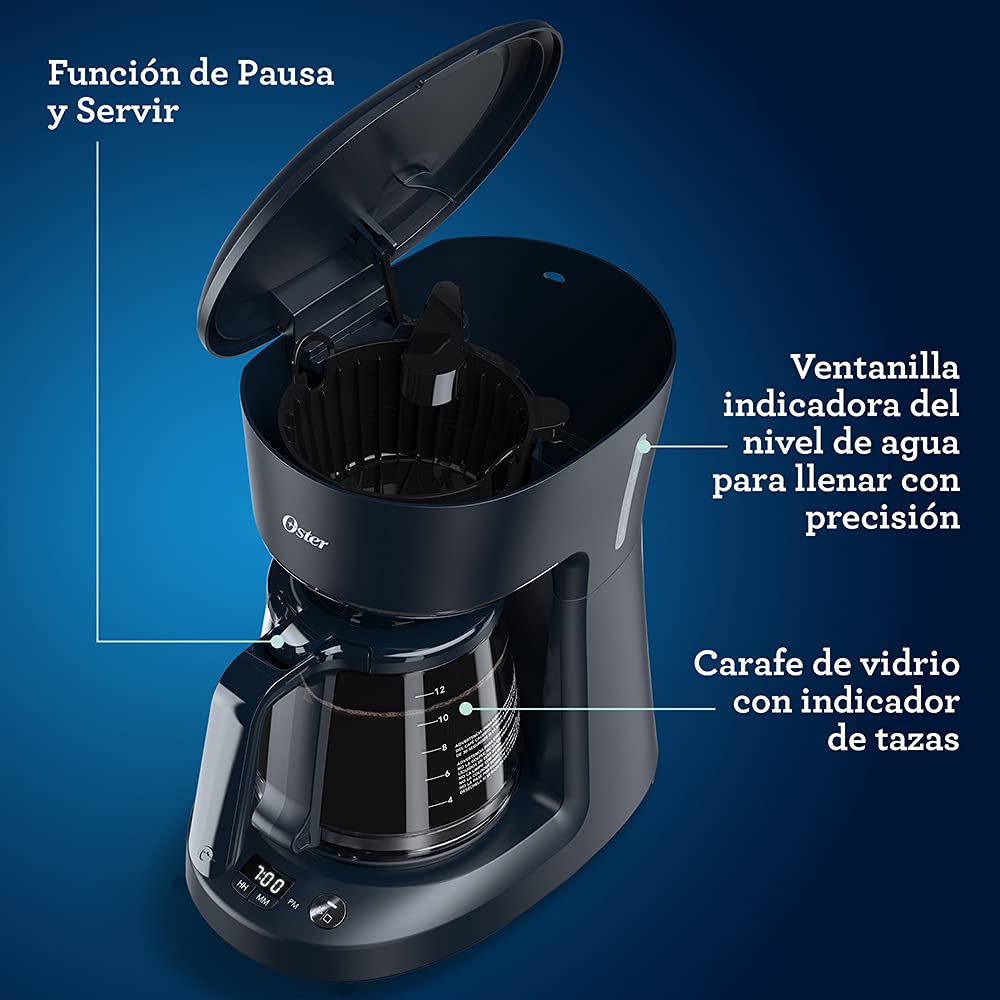 Cafetera Oster Negra Sistema Programable con Reloj Digital de 12 Tazas