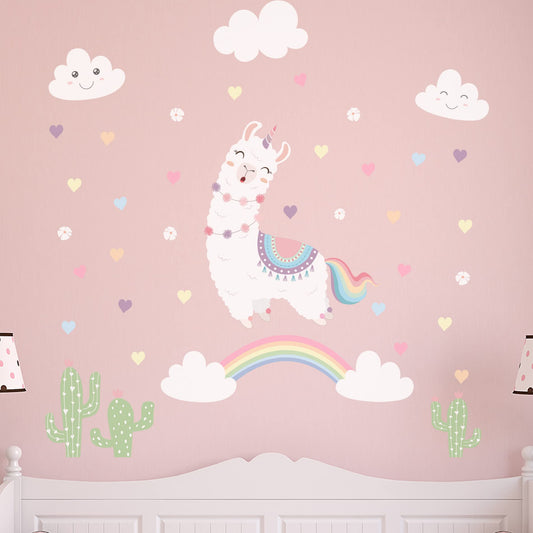 Calcomanías de Pared Unicornio Llama Blanca con Corazones para Niñas y Niños