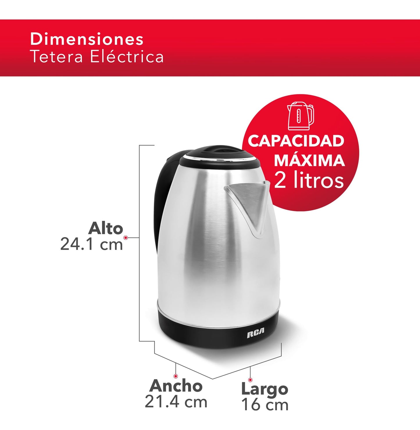 Tetera Eléctrica RCA Acero Inoxidable Luz LED Base Giratoria Apagado Automático 1.8 Litros Diseño Elegante