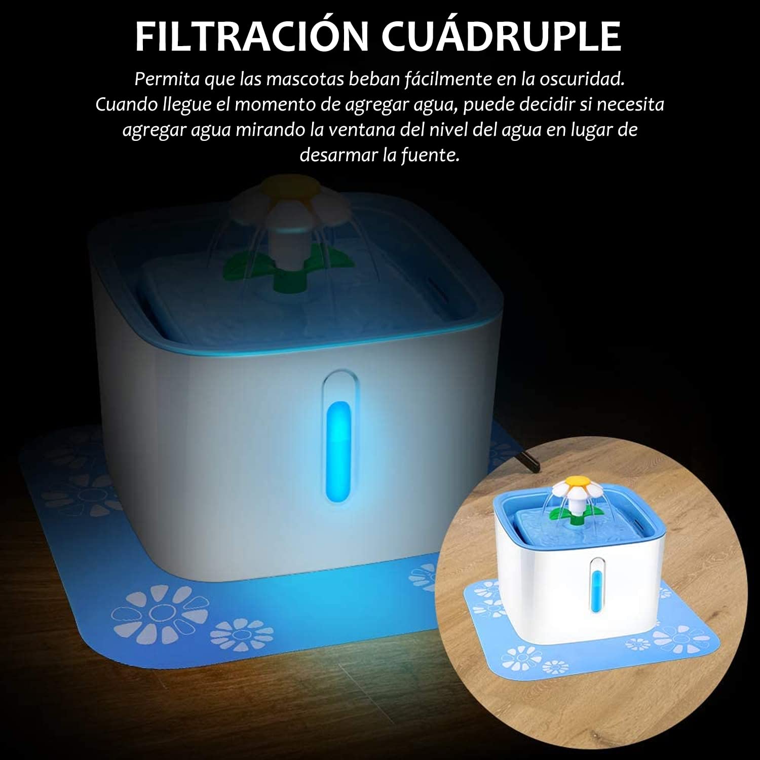 KAMYSEN 84.5OZ/2.5L Bebedero Chico para Gato，Mini Filtro de Fuente, Minifuente de Agua，Flower Water Fountain con 1 filtros de carbón de Intercambio，Proporciona Agua filtrada Fresca para su Mascota