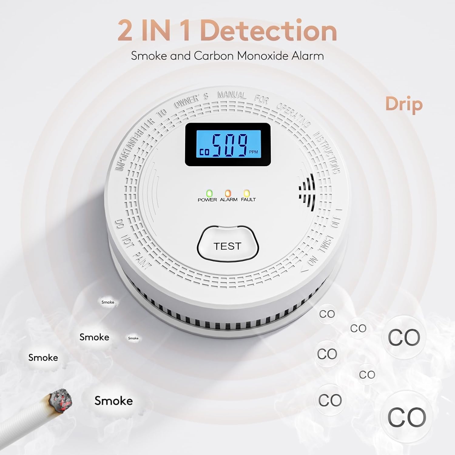 Detector de Humo y Monóxido ZUMECA Gris con Alarma Fotoeléctrica para Hogar, Hotel, Escuela