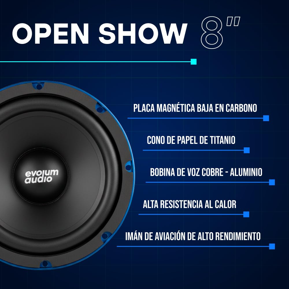 Evolum Audio - Kit Bocinas Medio Rango - Sonido Claro y Potente - Cono de Papel de Titanio - Potencia RMS de 200 W - Materiales de Calidad - Fácil Instalación - Modelo Open Show (8 in)