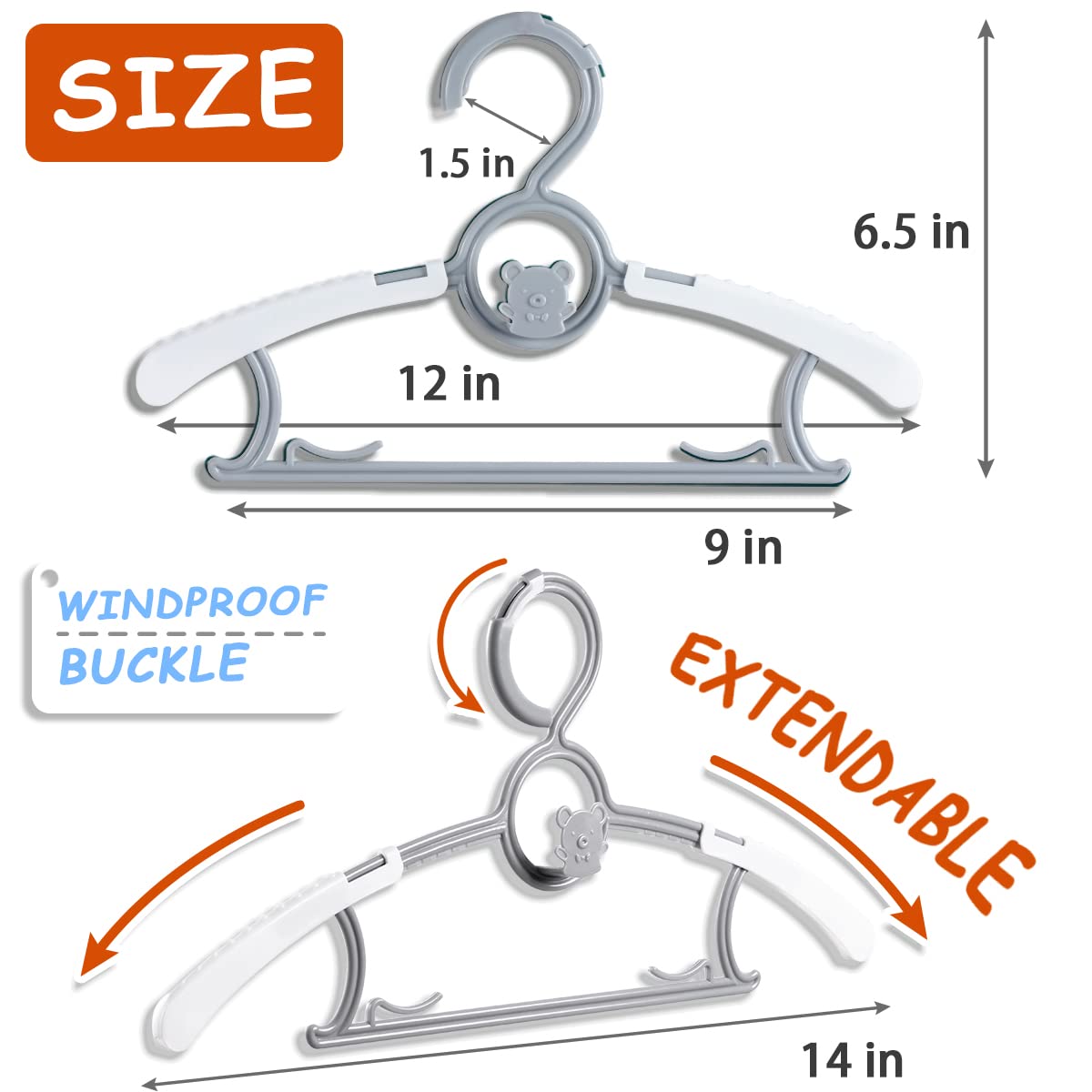 Perchas para bebé para guardería, clóset, paquete de 40 perchas de plástico para niños, ahorro de espacio, antideslizantes, extensibles, de 11 a 14 pulgadas, perchas ajustables resistentes para ropa