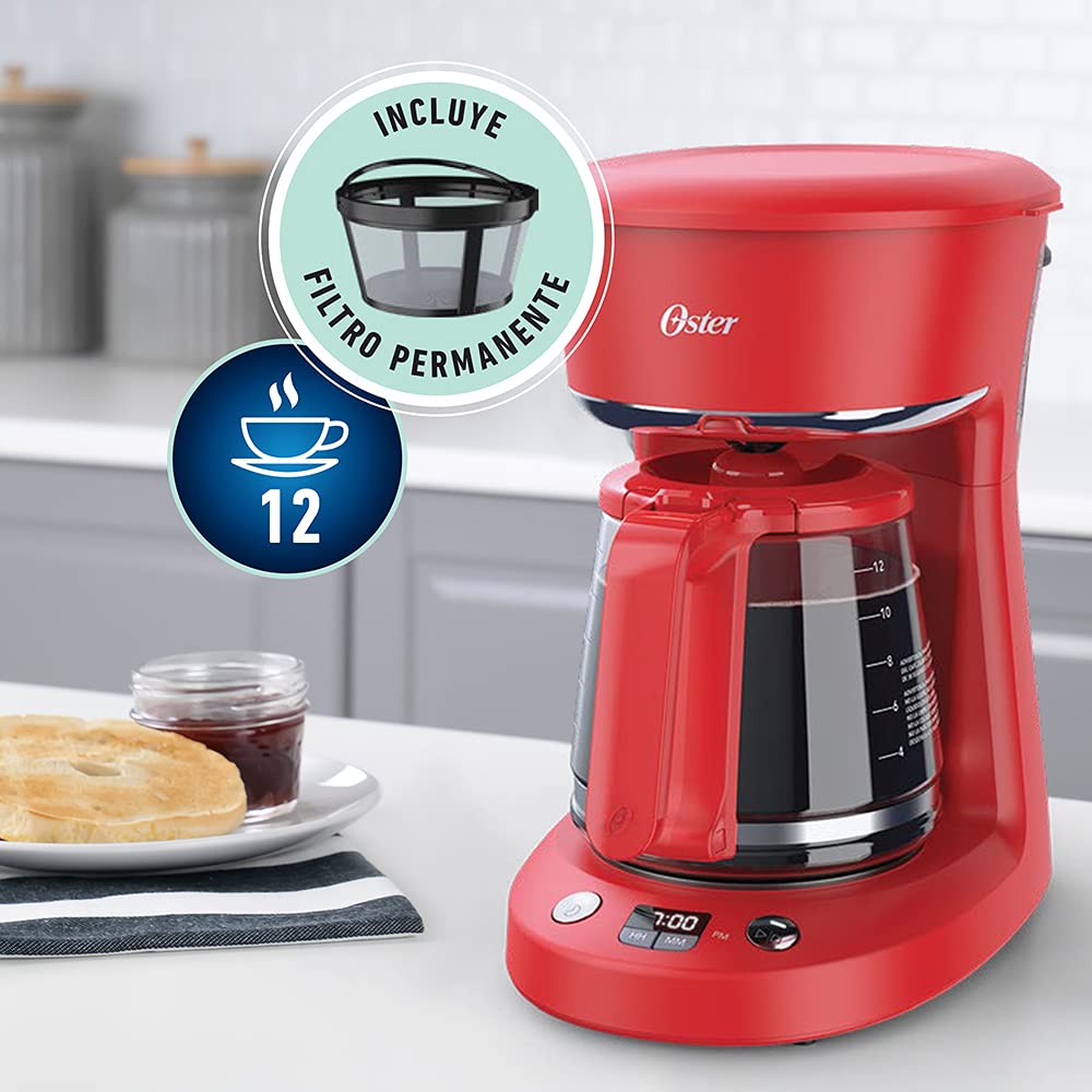 Cafetera Oster roja sistema programable 12 tazas con reloj digital