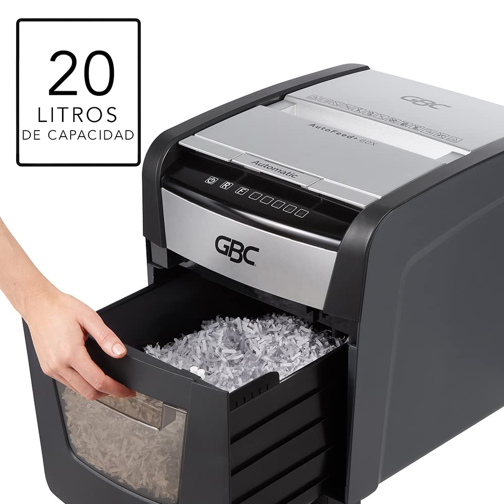 GBC Trituradora de Papel y Grapas, Auto Feed+ 60x, Corte Súper Cruzado P-4 de 60 Hojas, con Cesto de 19.8 litros. WSM1757601