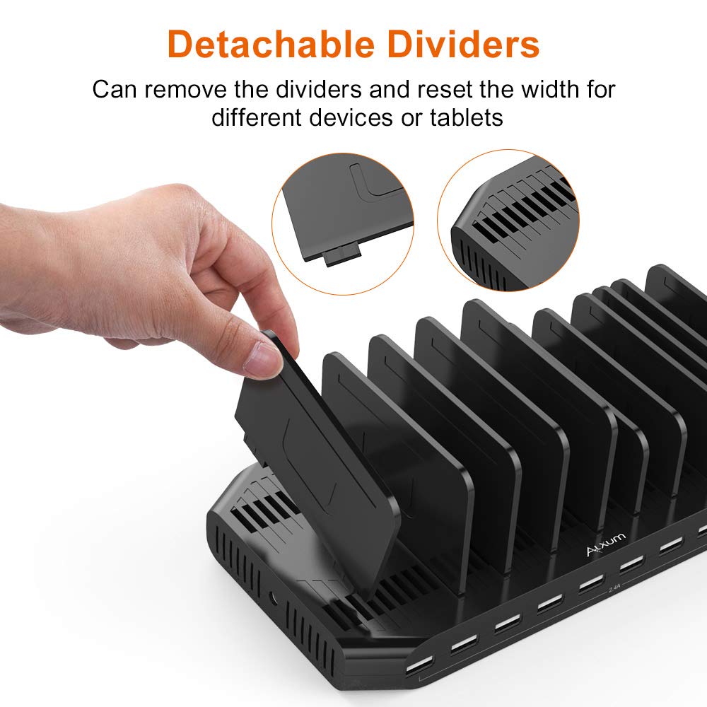 Alxum 60W Estacion Carga Rapida USB 10 Puertos para múltiples Dispositivos, Estación Carga USB para teléfono móvil, Tableta, Negro