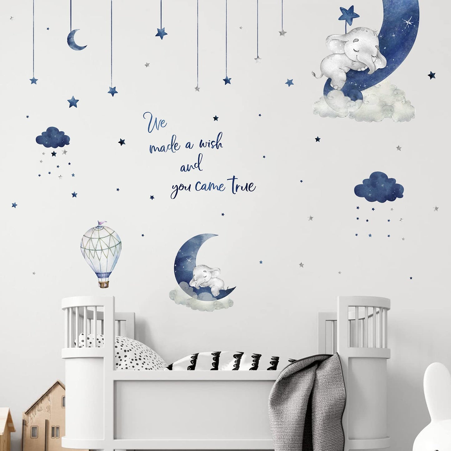 Yovkky - Calcomanías de pared de elefante para dormir, diseño de flores de acuarela azul y gris, diseño de globos de aire caliente, decoración de cuarto de bebé, decoración del hogar, decoración de