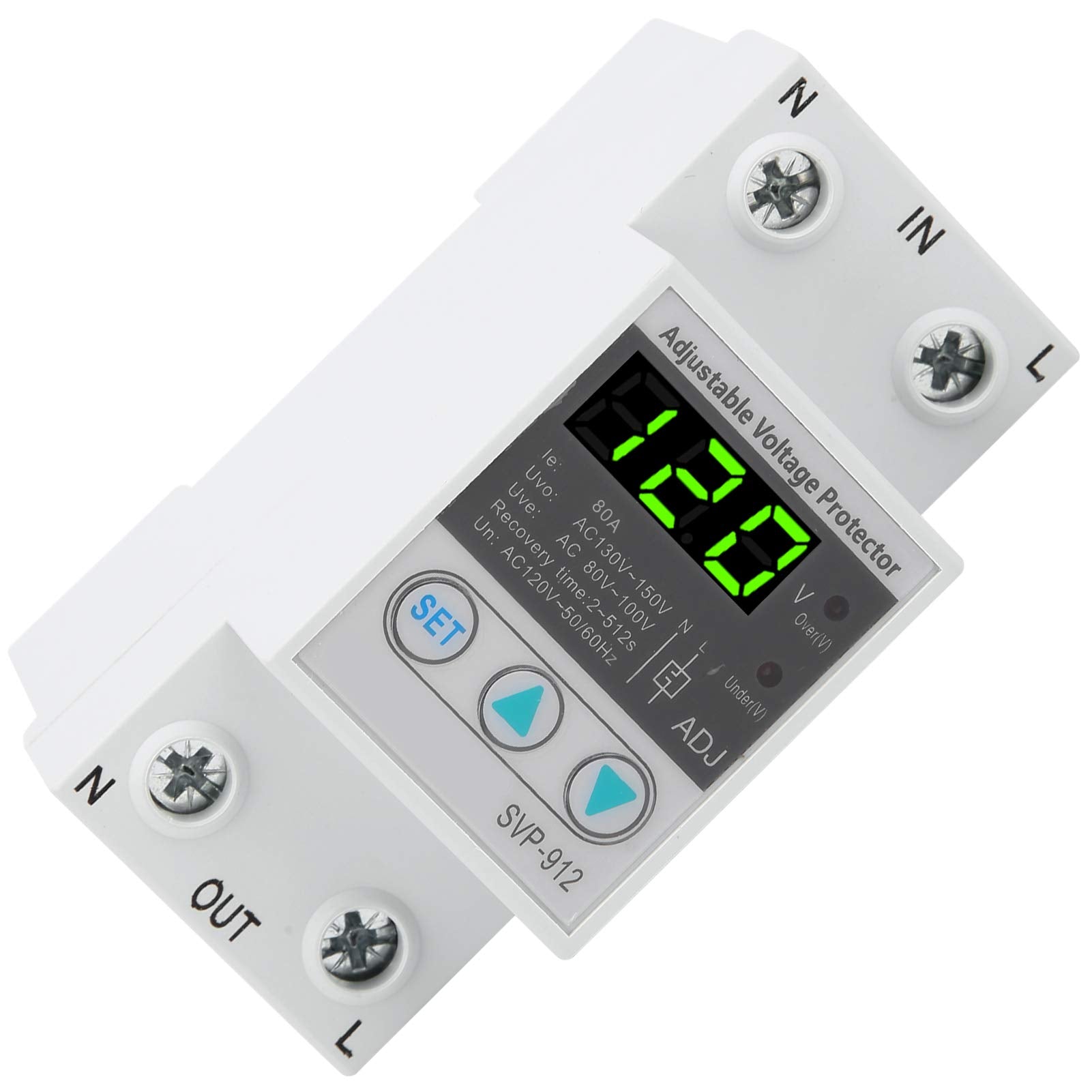 Protector de Voltaje Eujgoov Ajustable bajo y Sobrevoltaje 120VAC 80A