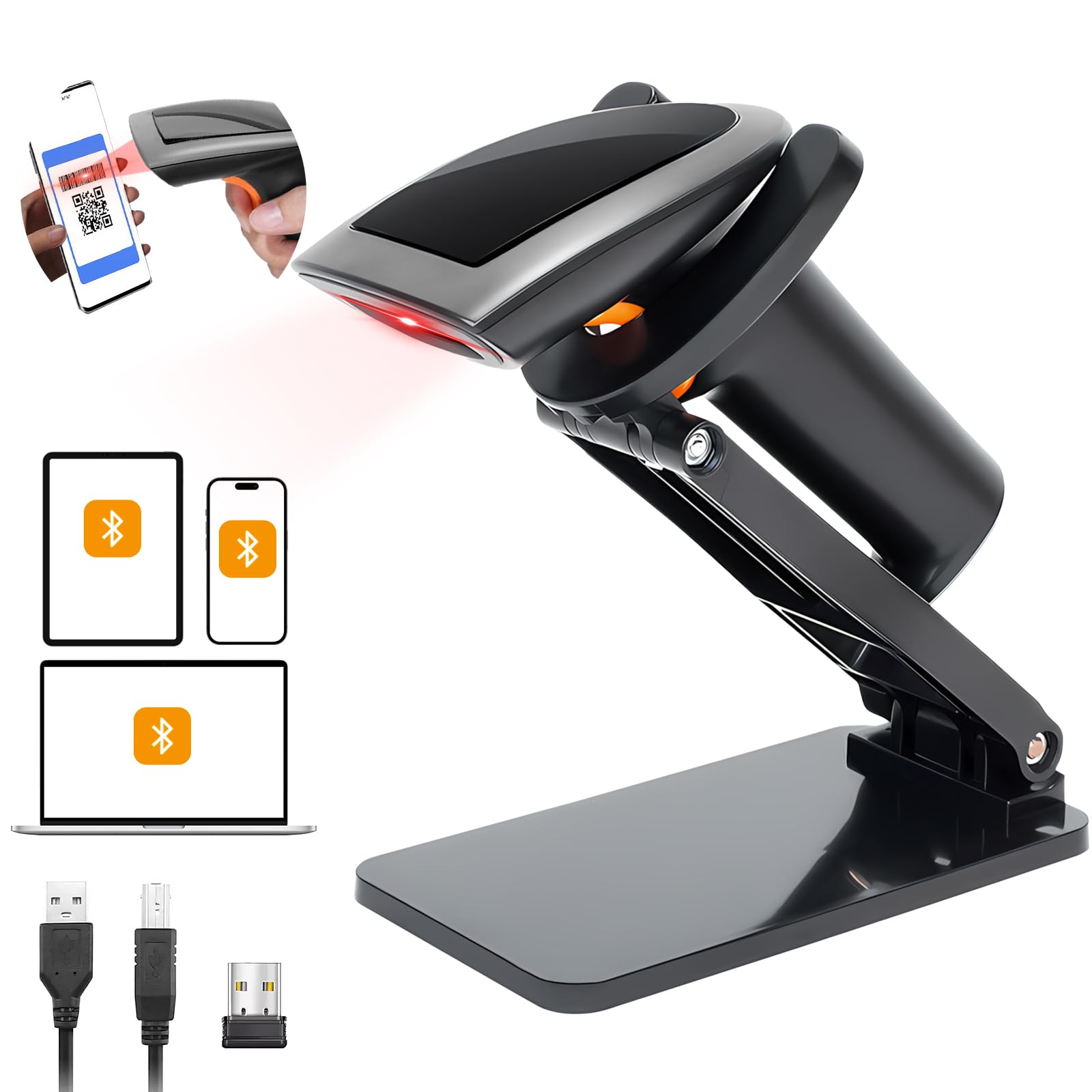 Escáner de Código de Barras WELIKERA Bluetooth 2D 1D Inalámbrico con Soporte y USB para Puntos de Venta