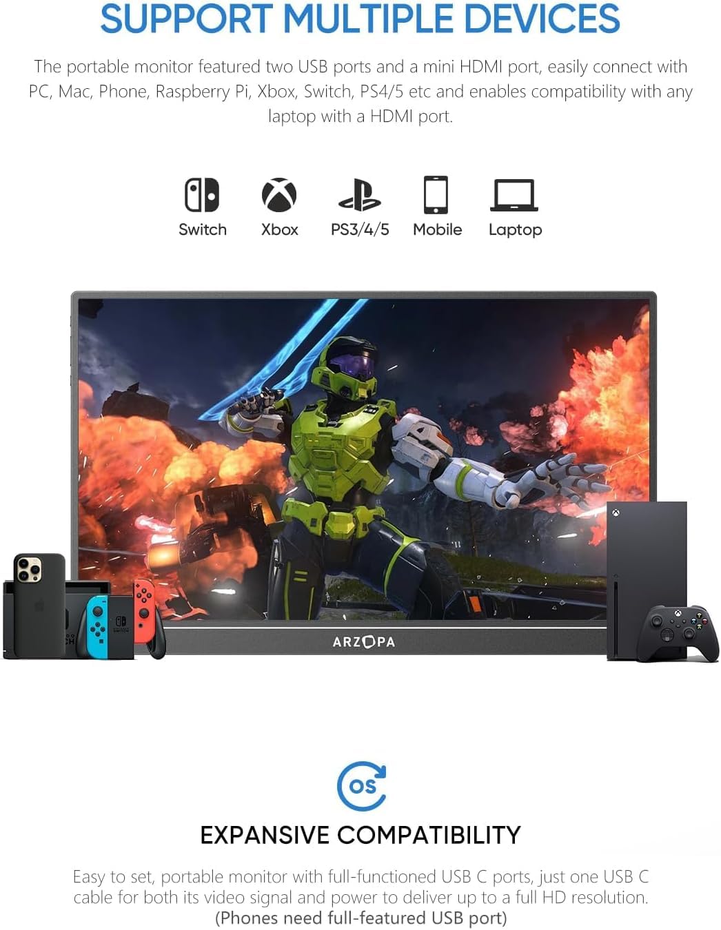 ARZOPA Monitor Portátil 15.6'' FHD 1080P Kickstand Monitor Portátil IPS Pantalla Externa USB C HDMI para PC Mac Teléfono Xbox PS5 - A1