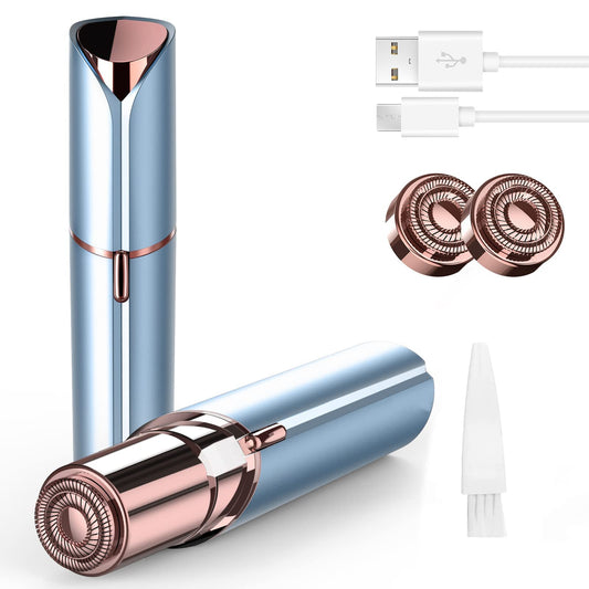 Depiladora Facial Mujer Recargable, Depilador Electrico USB, Depilación y Afeitadora para Mujer Sin Dolor para Labios/Bikini/Barbilla/Brazos/Axilas, 2 Cabezales de Repuesto Incluidos (Azul)