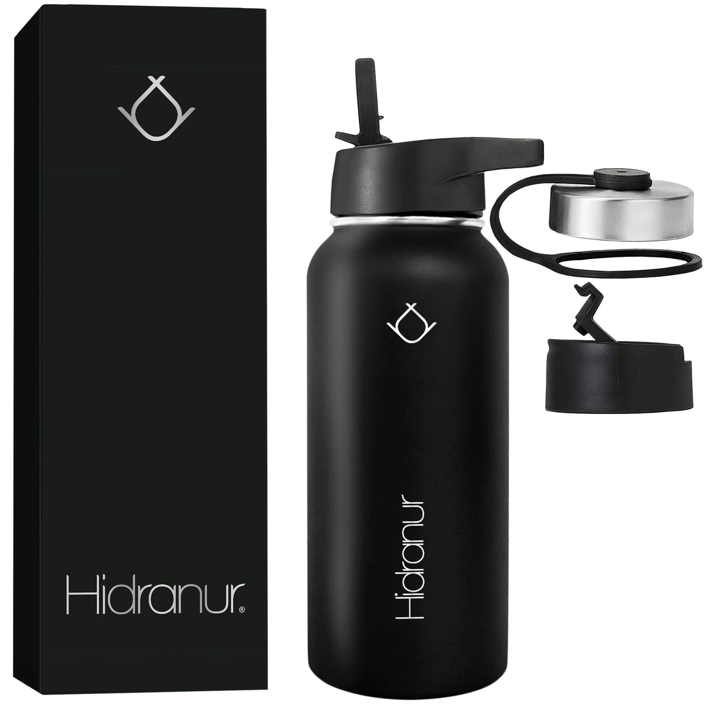 Hidranur Termo de Acero Inoxidable Doble Aislamiento Térmico, Termo Para Café 32 oz (946.35 ml), 3 Tapas Herméticas, 2 Popotes, 24 Hrs de Agua Caliente y Fría (Negro, 32 Oz (946.35 ml))