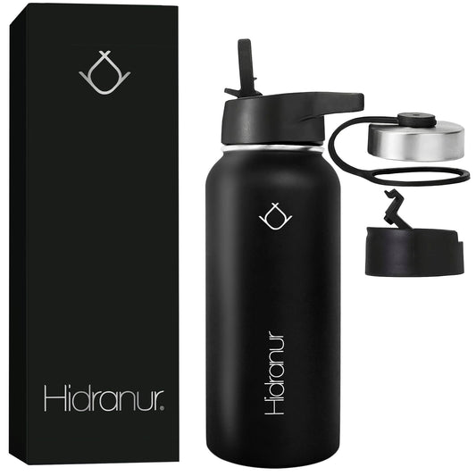 Hidranur Termo de Acero Inoxidable Doble Aislamiento Térmico, Termo Para Café 32 oz (946.35 ml), 3 Tapas Herméticas, 2 Popotes, 24 Hrs de Agua Caliente y Fría (Negro, 32 Oz (946.35 ml))
