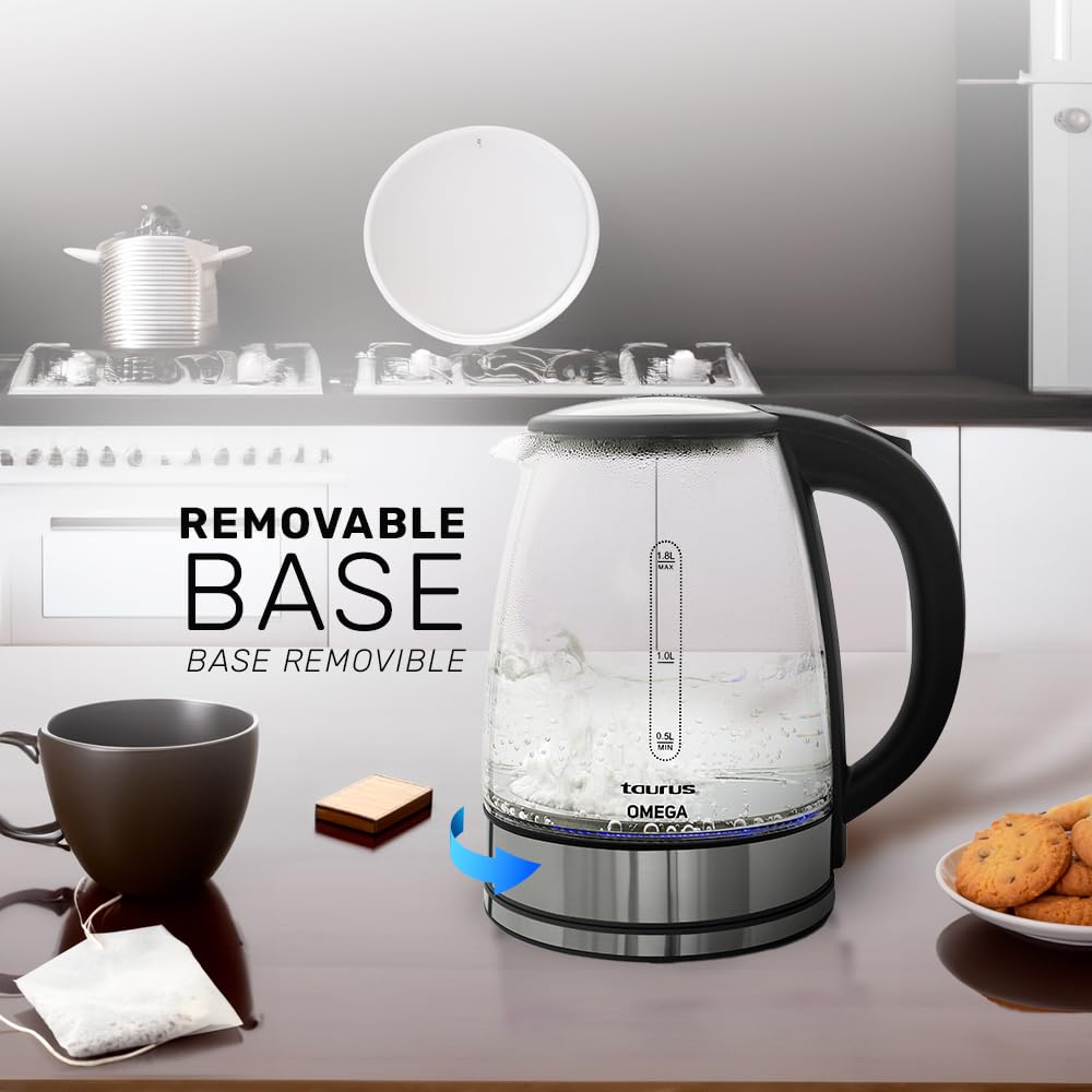 Tetera Eléctrica Taurus Omega Cristal Luz led Jarra Inalámbrica 1,8 Litros Base Removible