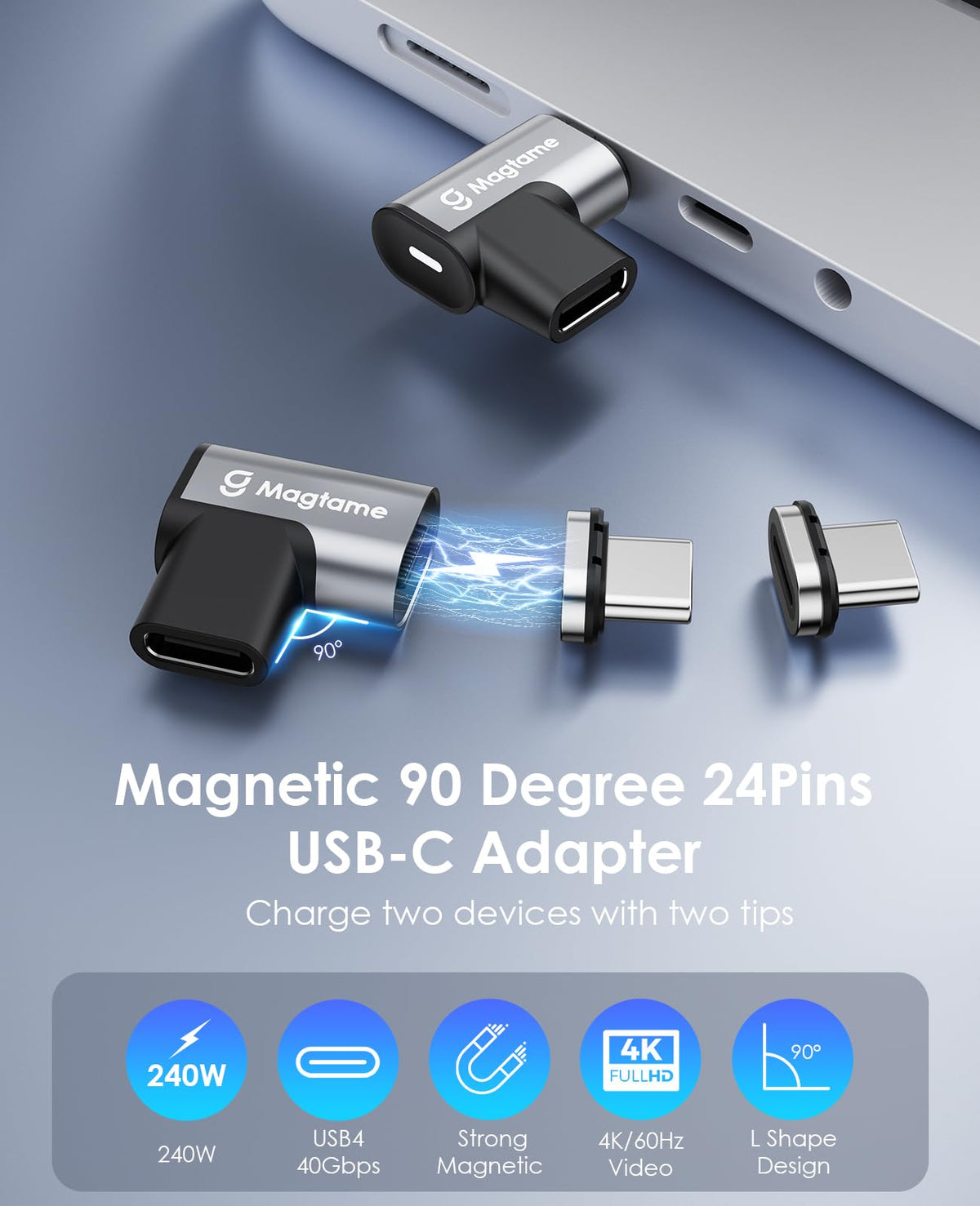 Adaptador Magnético USB C Magtame Negro 90 Grados Carga Rápida para Laptop