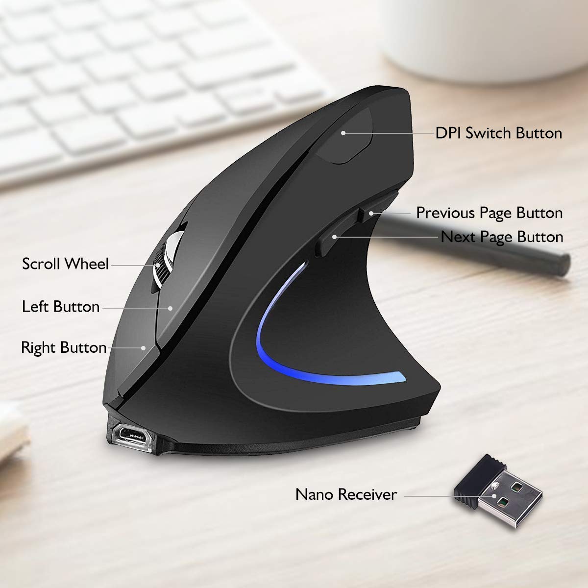 Charlemain Ratón Vertical Inalámbrico Ergonómico Recargable USB Ratón, 2.4 G ratón óptico para PC/portátil/Mac 800/1200/1600 dpi 6 Partes de Control-Negro