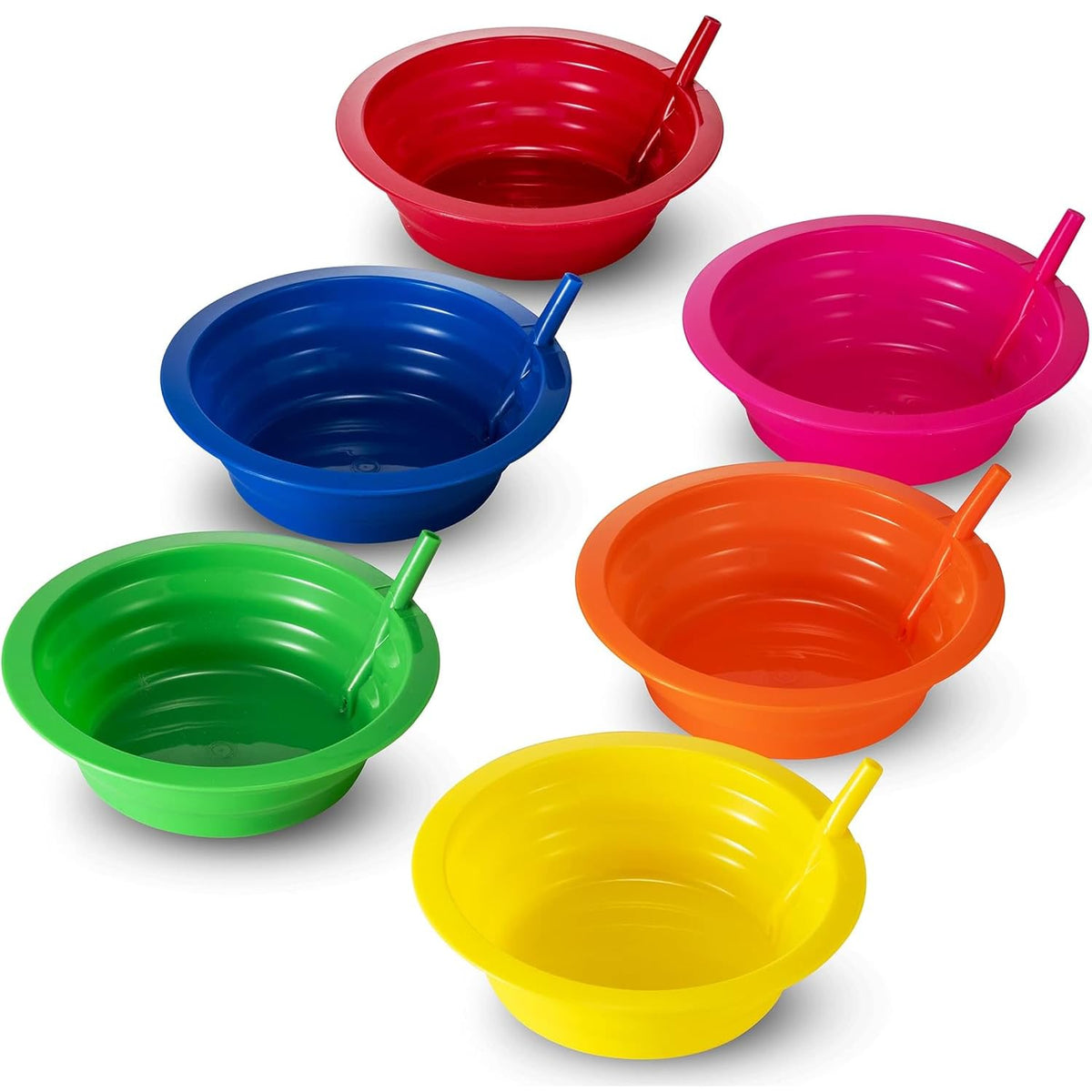 Tazones de Cereal con Popote para Niños - (Juego de 6 Tazones de 20oz) Plástico Reutilizable Libre de BPA con Popote Incorporado, Apto para Lavavajillas y Microondas, Incluye 3 Cepillos de Limpieza
